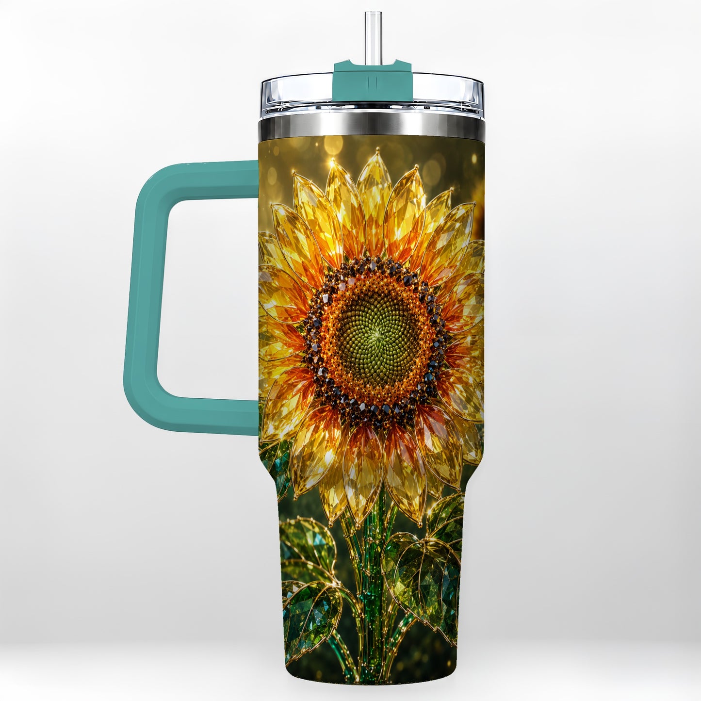 #pl[40oz|Green] Radiant Sunflower 40oz Tumbler with Handle, Floral Travel Cup