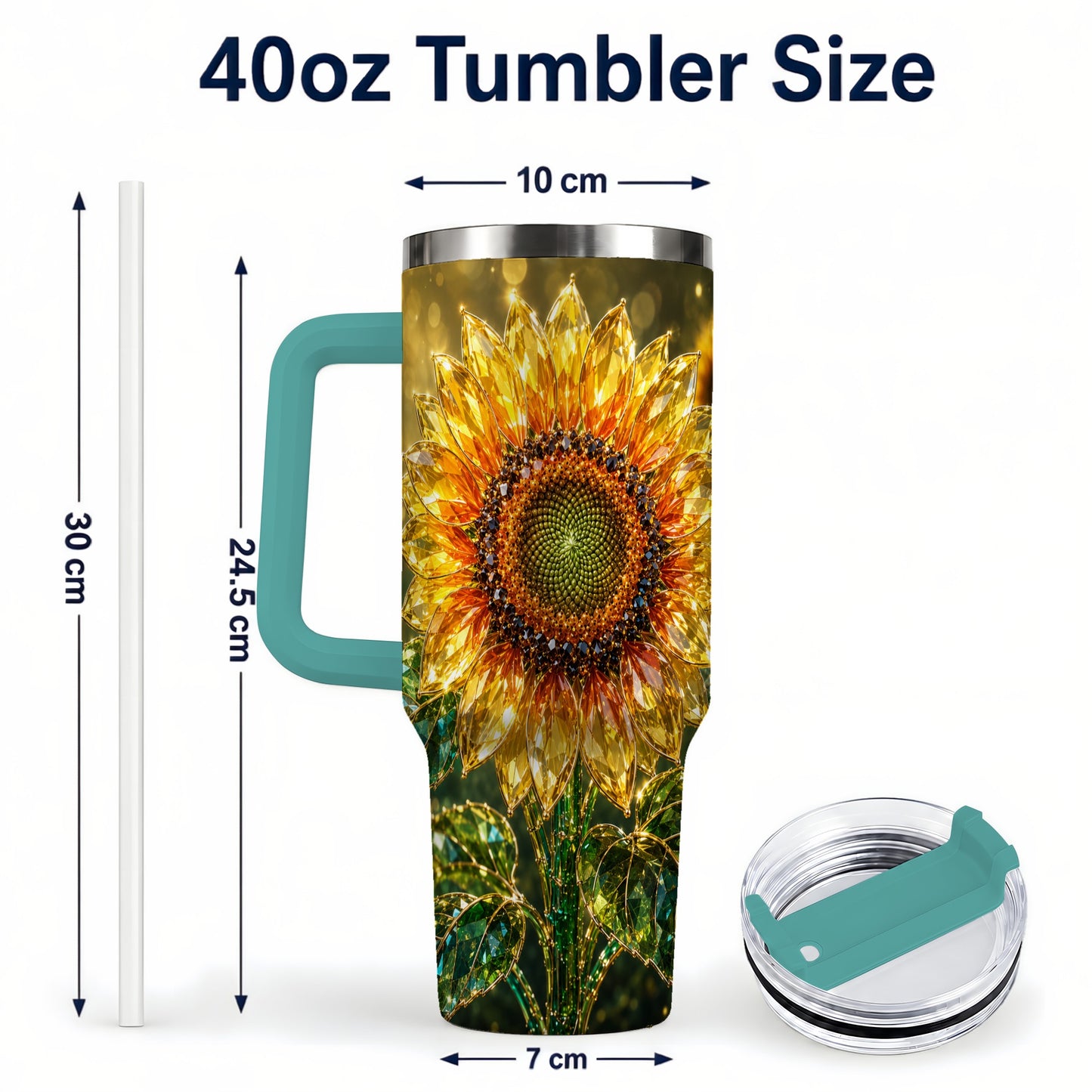 #pl[40oz|Green] Radiant Sunflower 40oz Tumbler with Handle, Floral Travel Cup