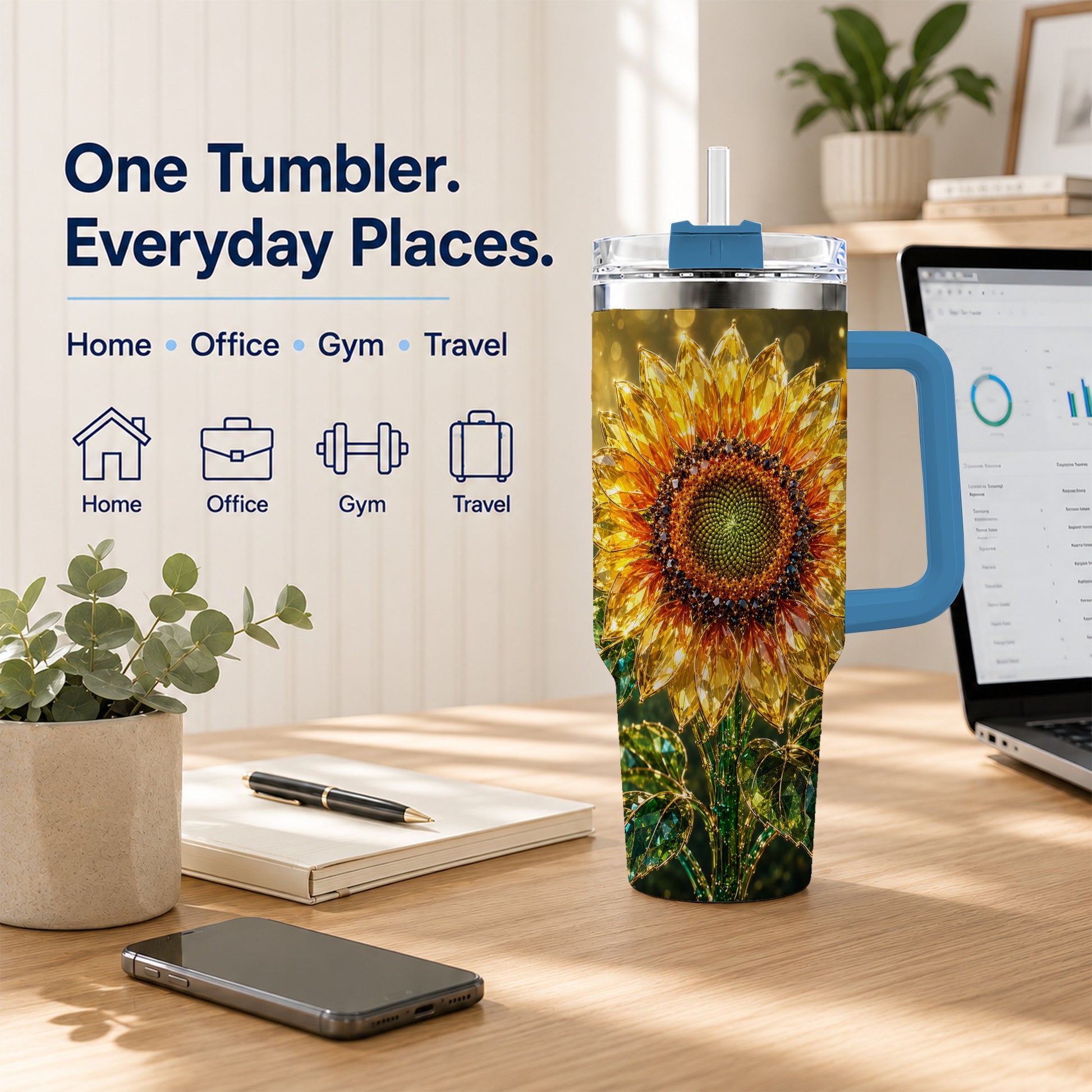 #pl[40oz|Blue] Radiant Sunflower 40oz Tumbler with Handle, Floral Travel Cup