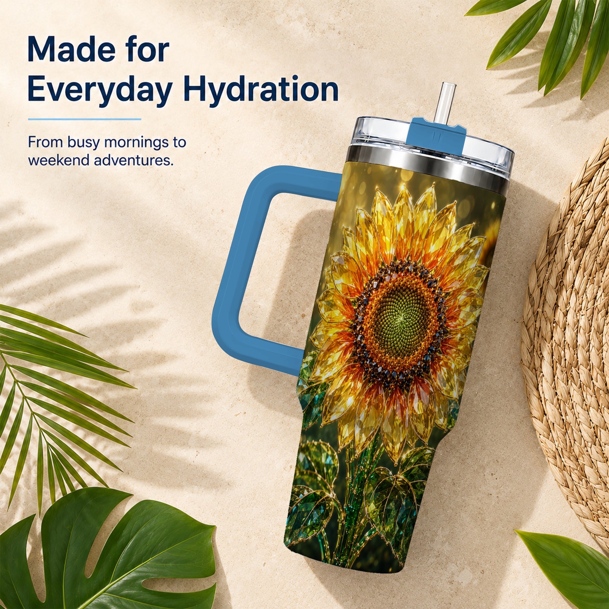#pl[40oz|Blue] Radiant Sunflower 40oz Tumbler with Handle, Floral Travel Cup