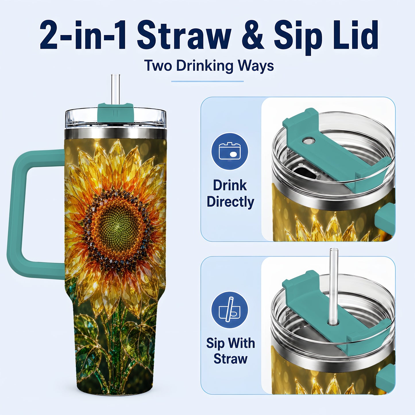 #pl[40oz|Green] Radiant Sunflower 40oz Tumbler with Handle, Floral Travel Cup