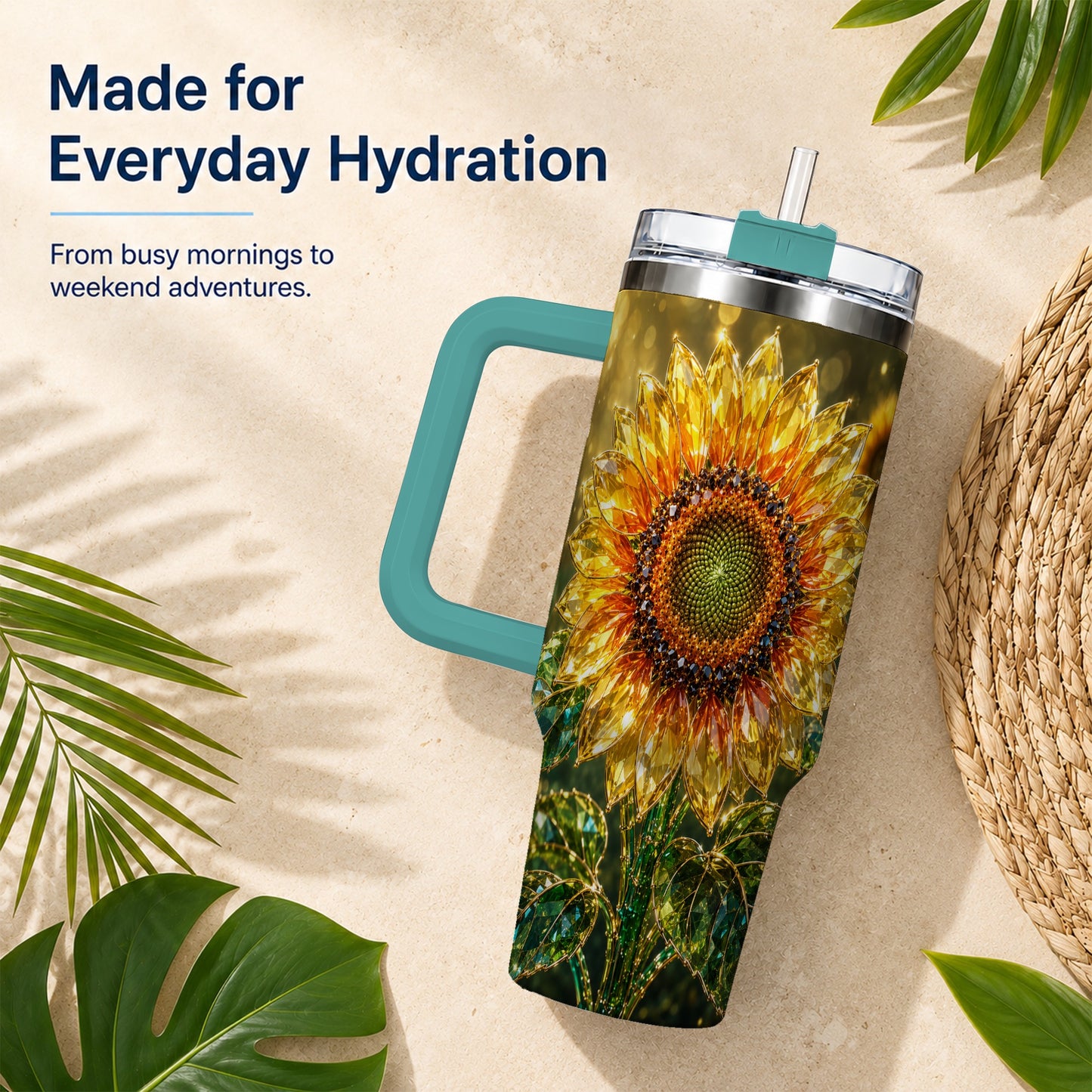 #pl[40oz|Green] Radiant Sunflower 40oz Tumbler with Handle, Floral Travel Cup