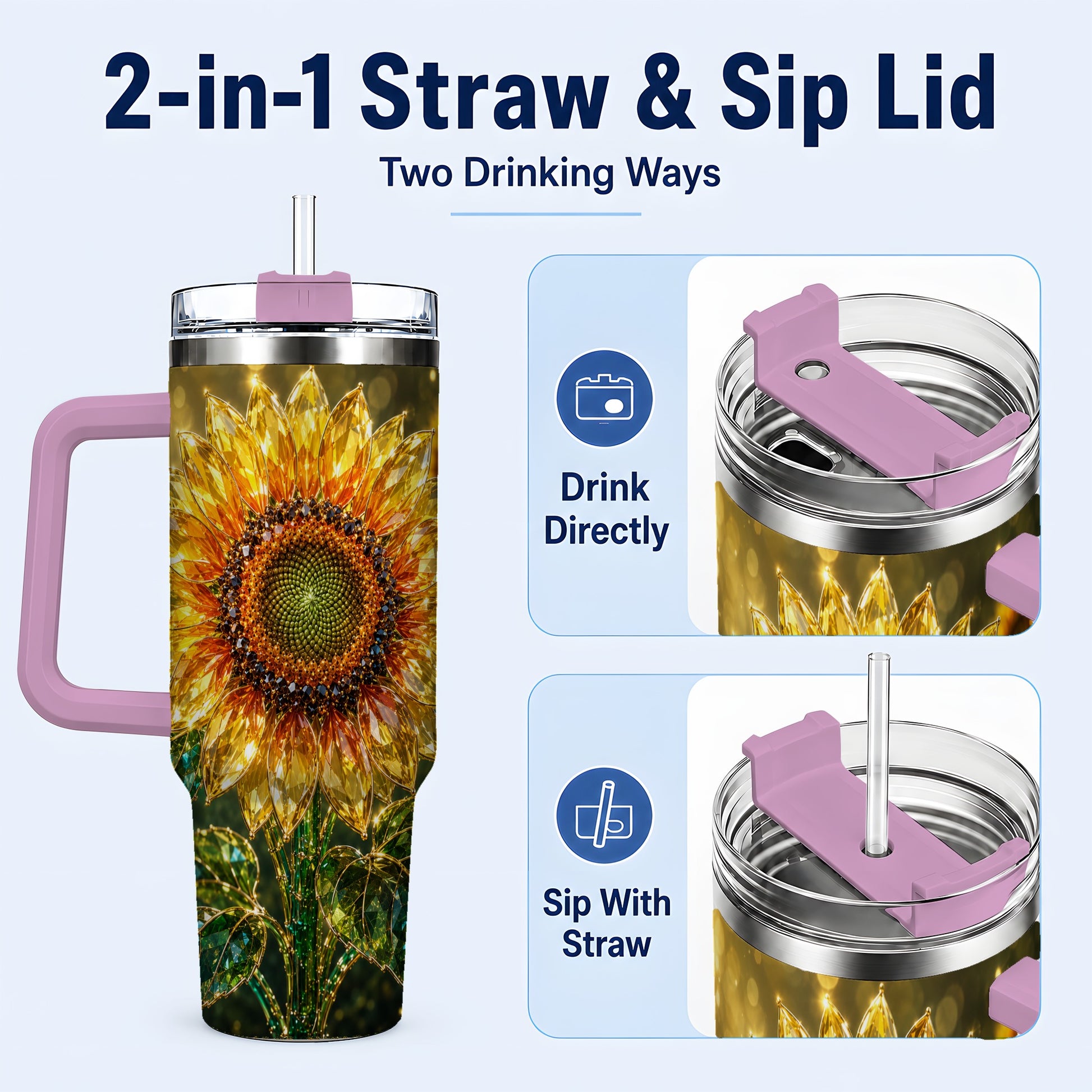 #pl[40oz|Pink] Radiant Sunflower 40oz Tumbler with Handle, Floral Travel Cup