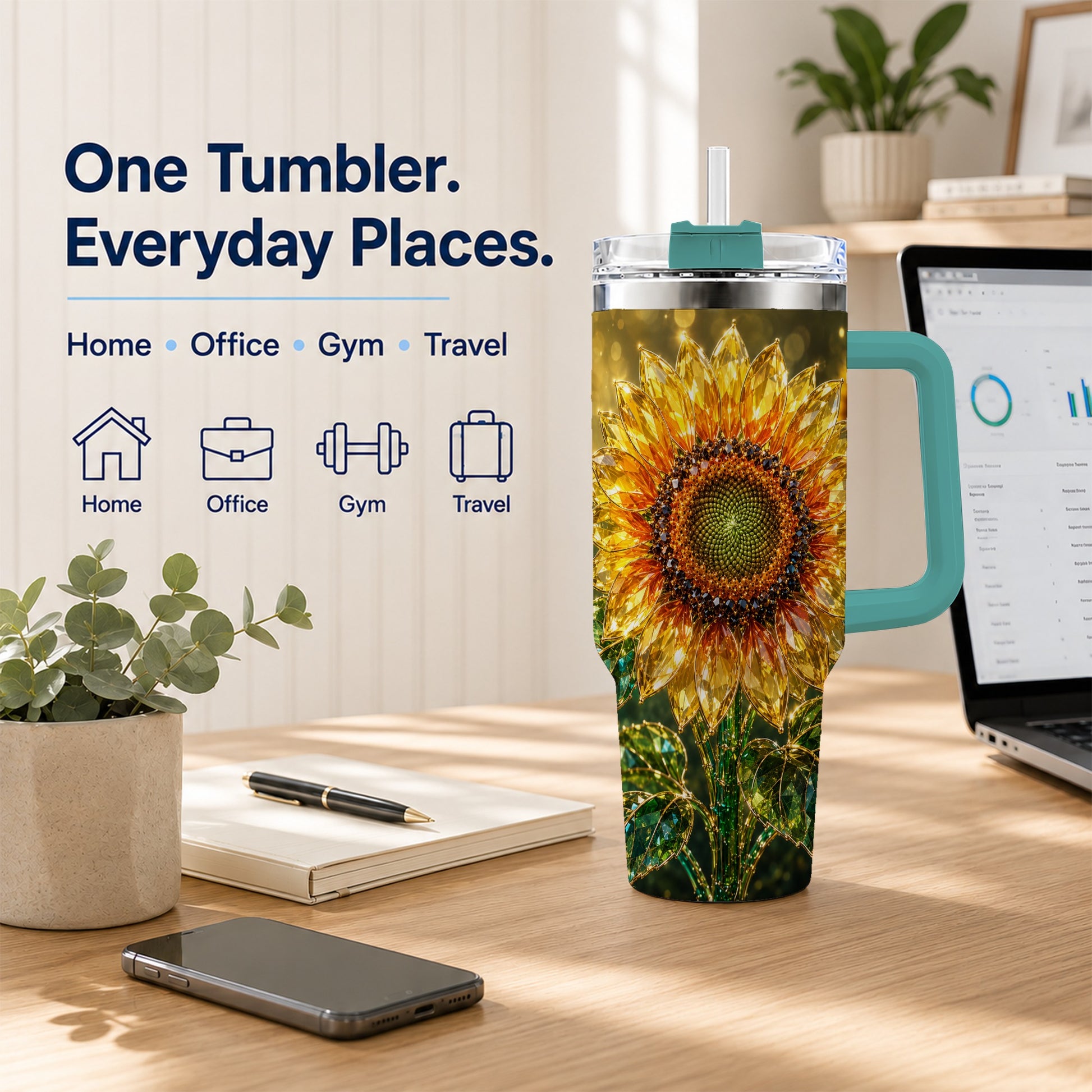 #pl[40oz|Green] Radiant Sunflower 40oz Tumbler with Handle, Floral Travel Cup