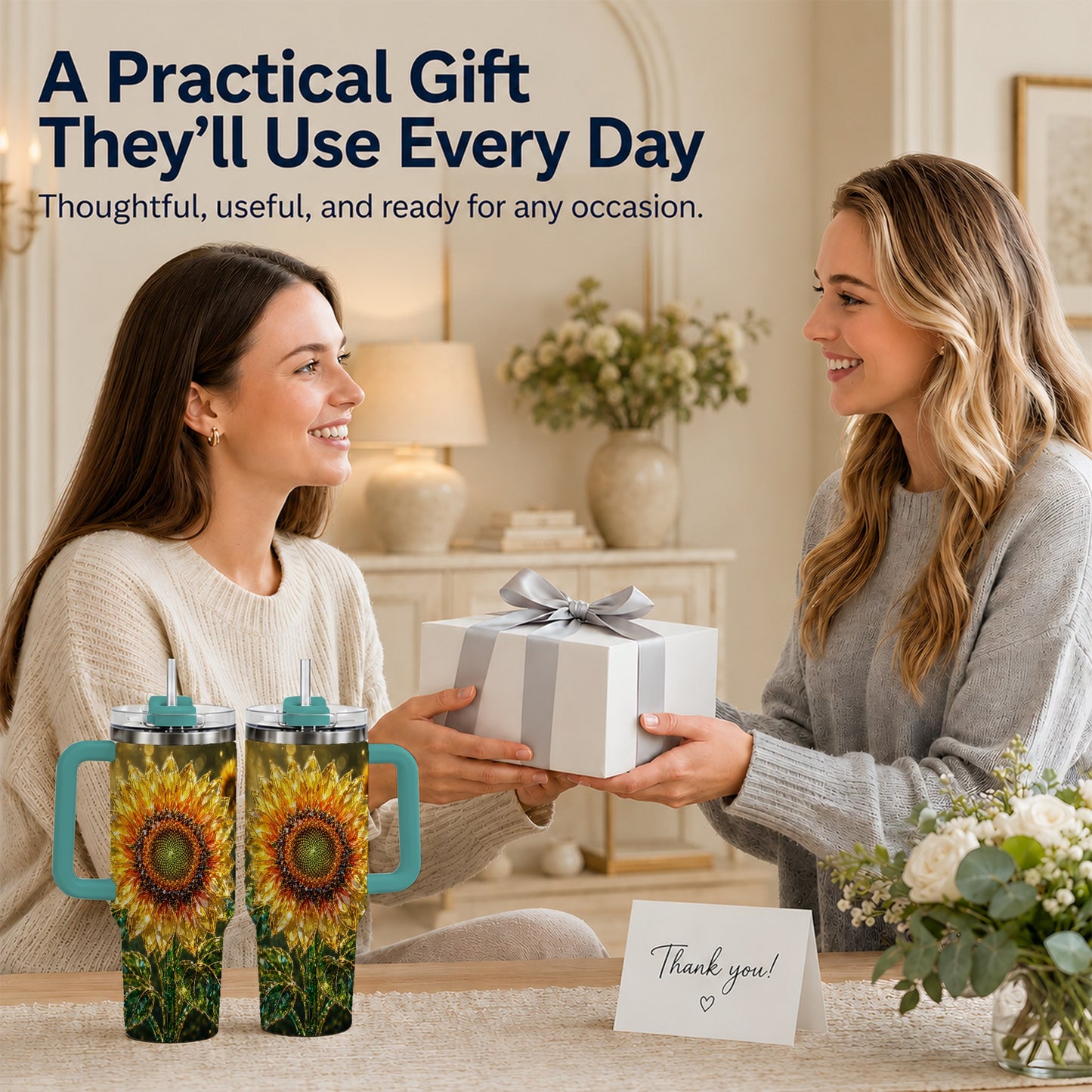 #pl[40oz|Green] Radiant Sunflower 40oz Tumbler with Handle, Floral Travel Cup