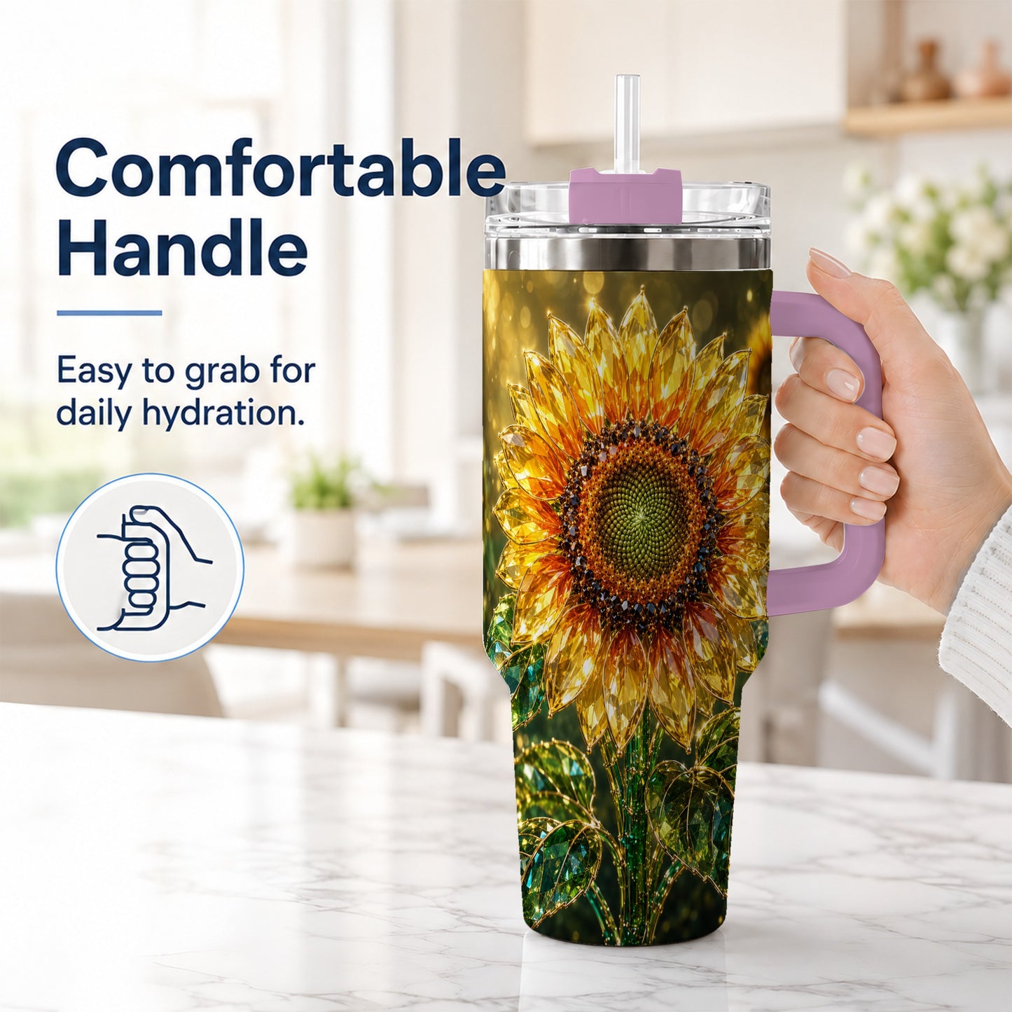 #pl[40oz|Pink] Radiant Sunflower 40oz Tumbler with Handle, Floral Travel Cup