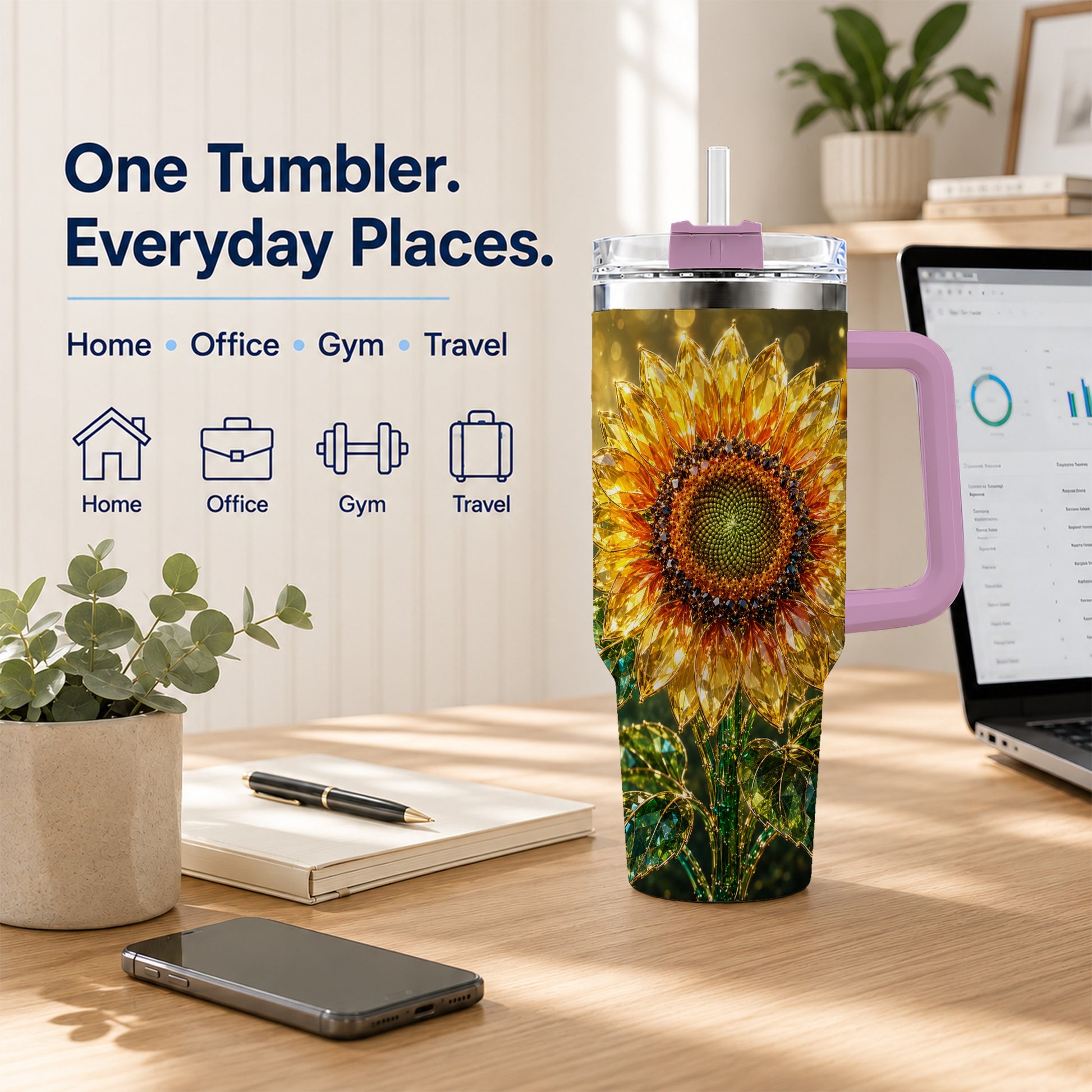 #pl[40oz|Pink] Radiant Sunflower 40oz Tumbler with Handle, Floral Travel Cup