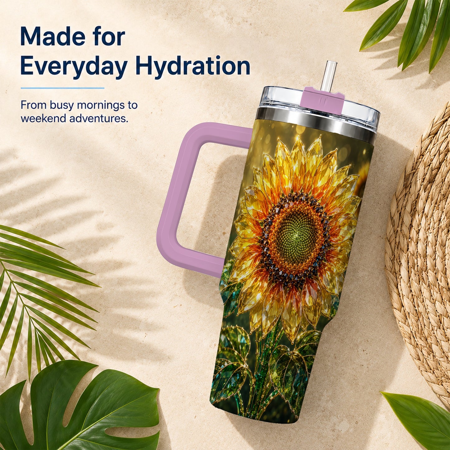 #pl[40oz|Pink] Radiant Sunflower 40oz Tumbler with Handle, Floral Travel Cup
