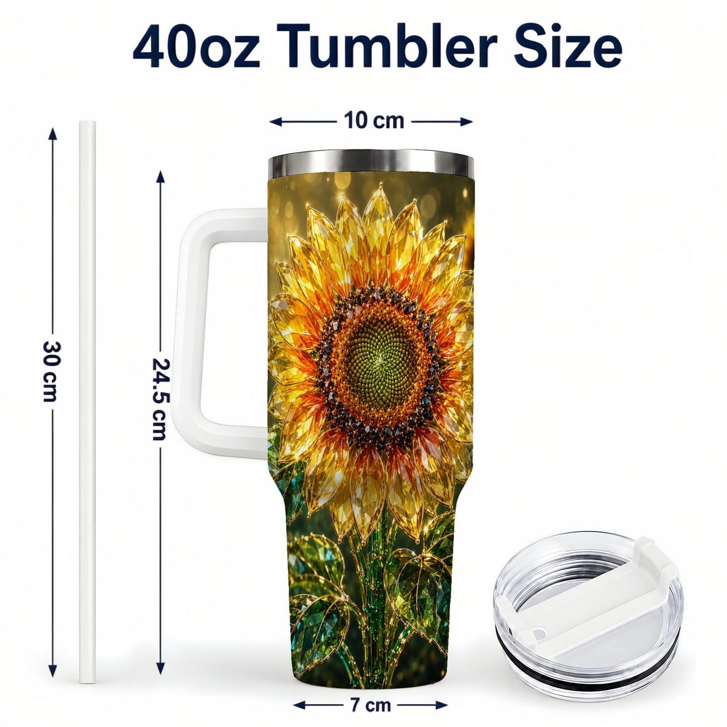 #pl[40oz|White] Radiant Sunflower 40oz Tumbler with Handle, Floral Travel Cup