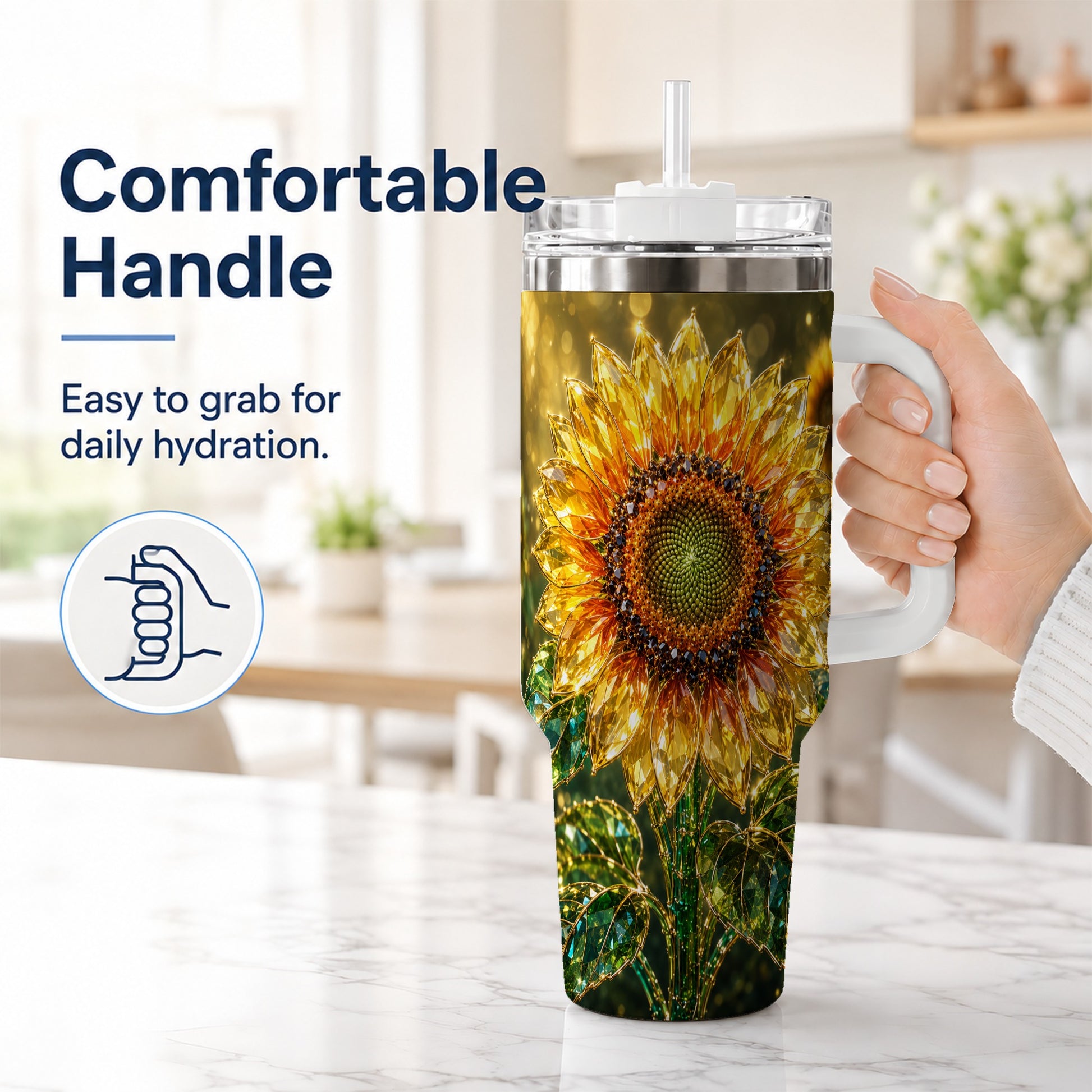 #pl[40oz|White] Radiant Sunflower 40oz Tumbler with Handle, Floral Travel Cup
