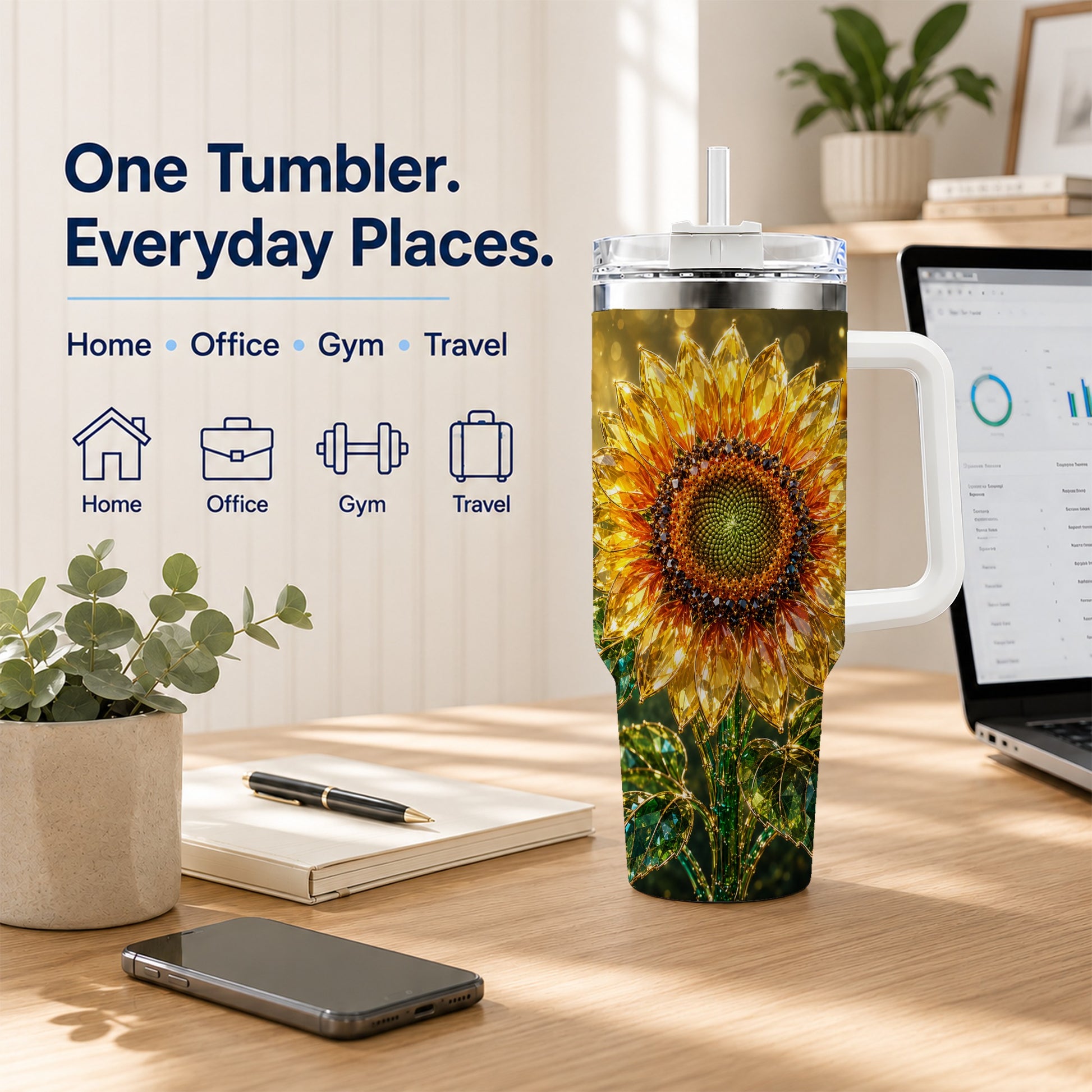 #pl[40oz|White] Radiant Sunflower 40oz Tumbler with Handle, Floral Travel Cup