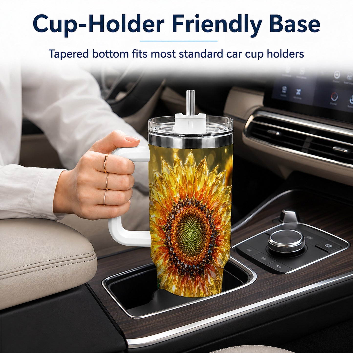 #pl[40oz|White] Radiant Sunflower 40oz Tumbler with Handle, Floral Travel Cup