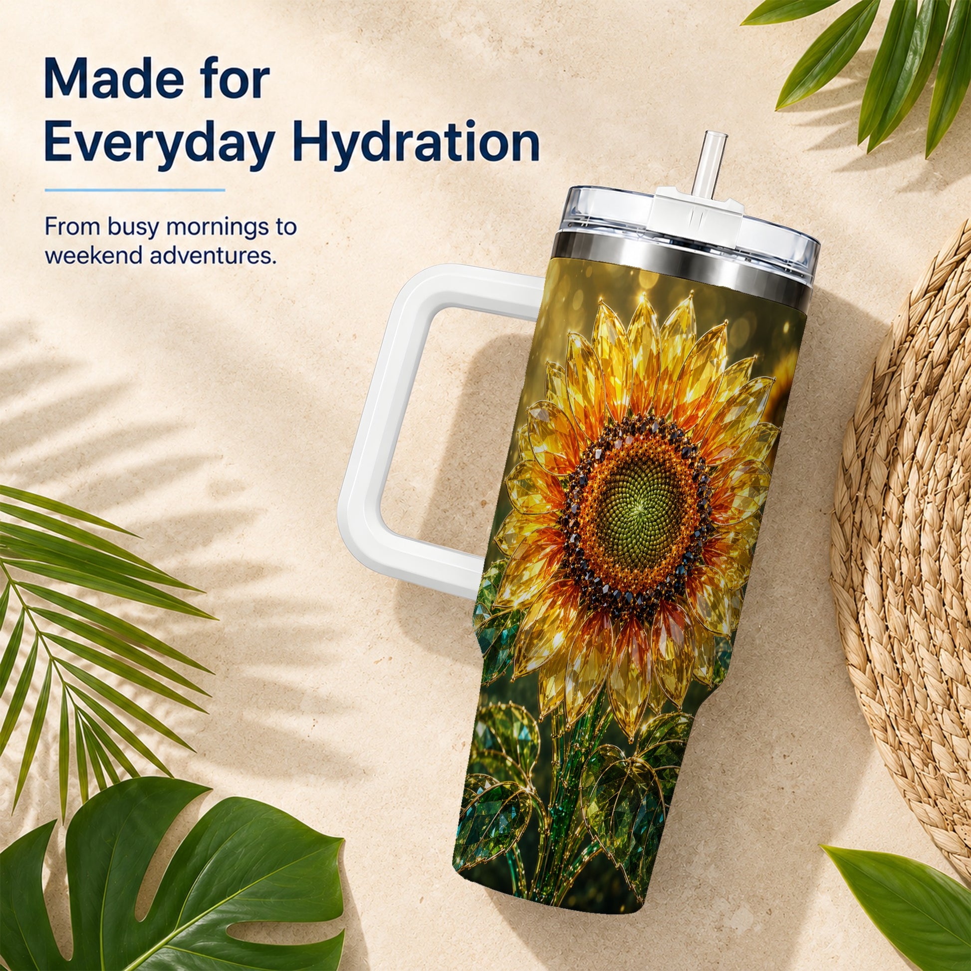 #pl[40oz|White] Radiant Sunflower 40oz Tumbler with Handle, Floral Travel Cup
