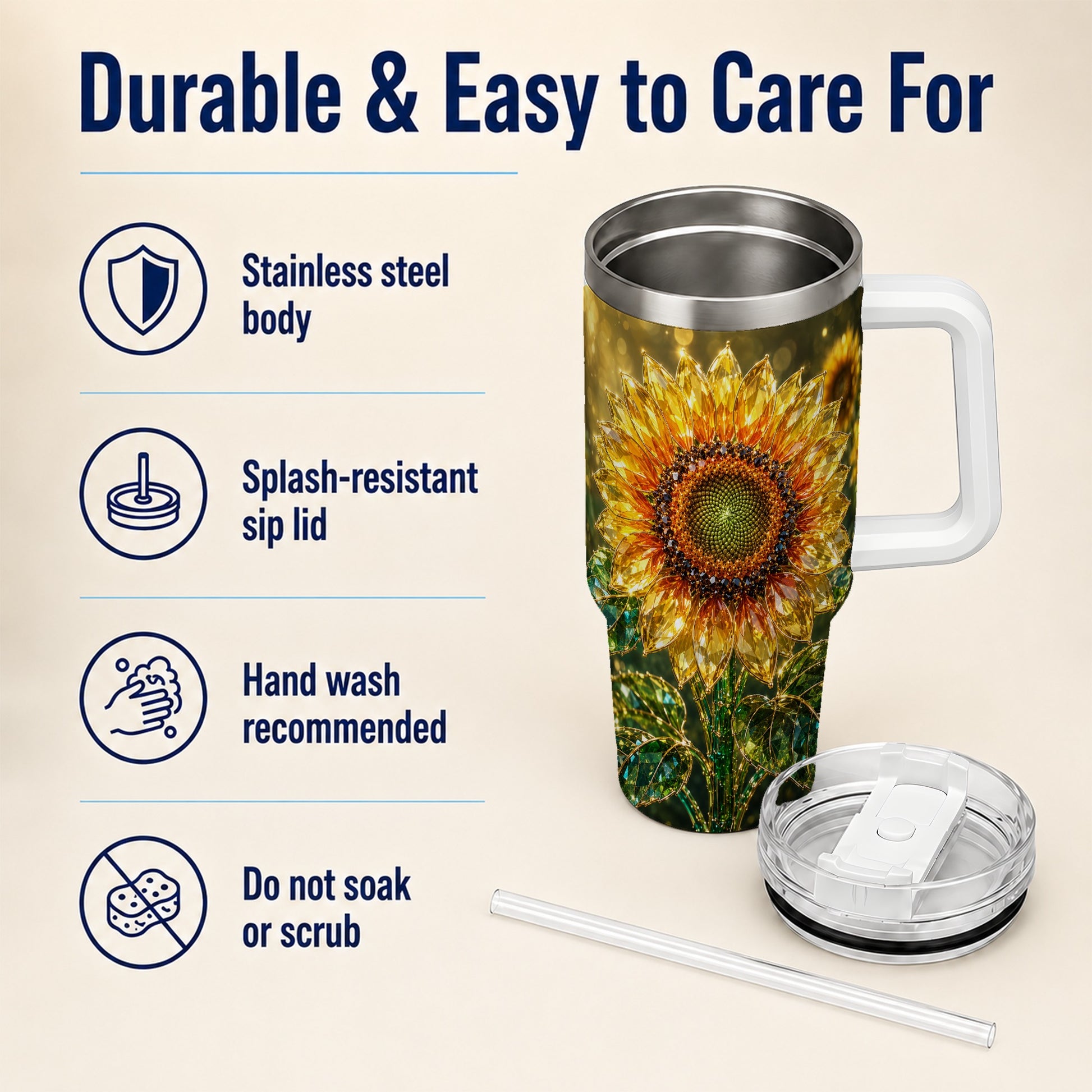 #pl[40oz|White] Radiant Sunflower 40oz Tumbler with Handle, Floral Travel Cup