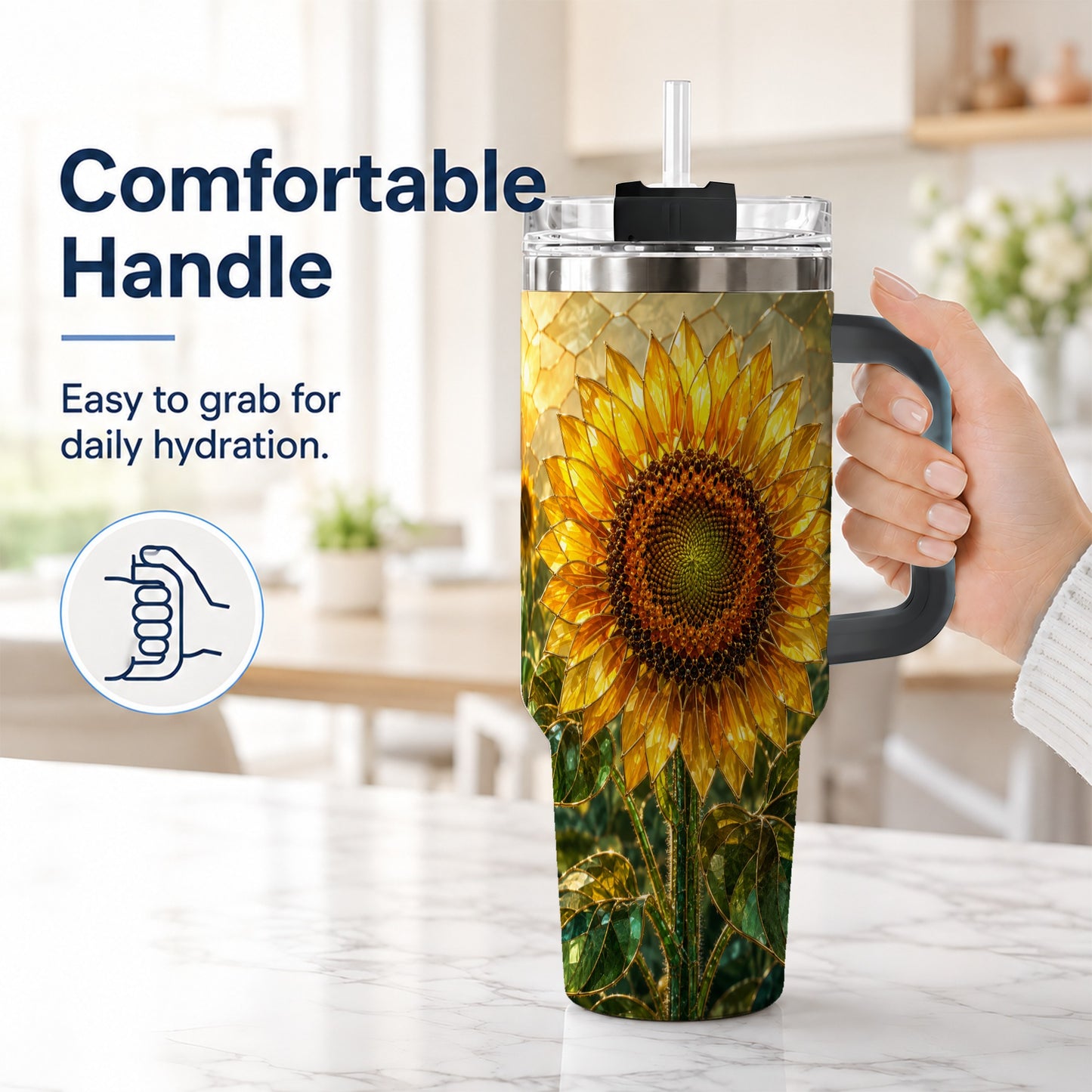 #pl[40oz|Black] Golden Sunflower 40oz Tumbler with Handle, Floral Travel Cup
