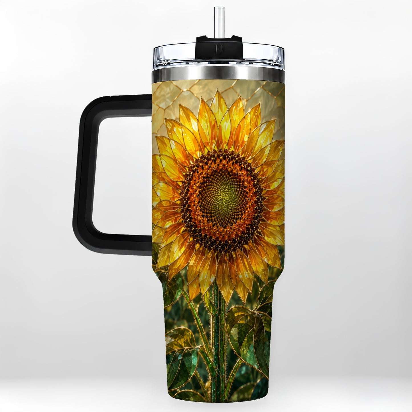 #pl[40oz|Black] Golden Sunflower 40oz Tumbler with Handle, Floral Travel Cup