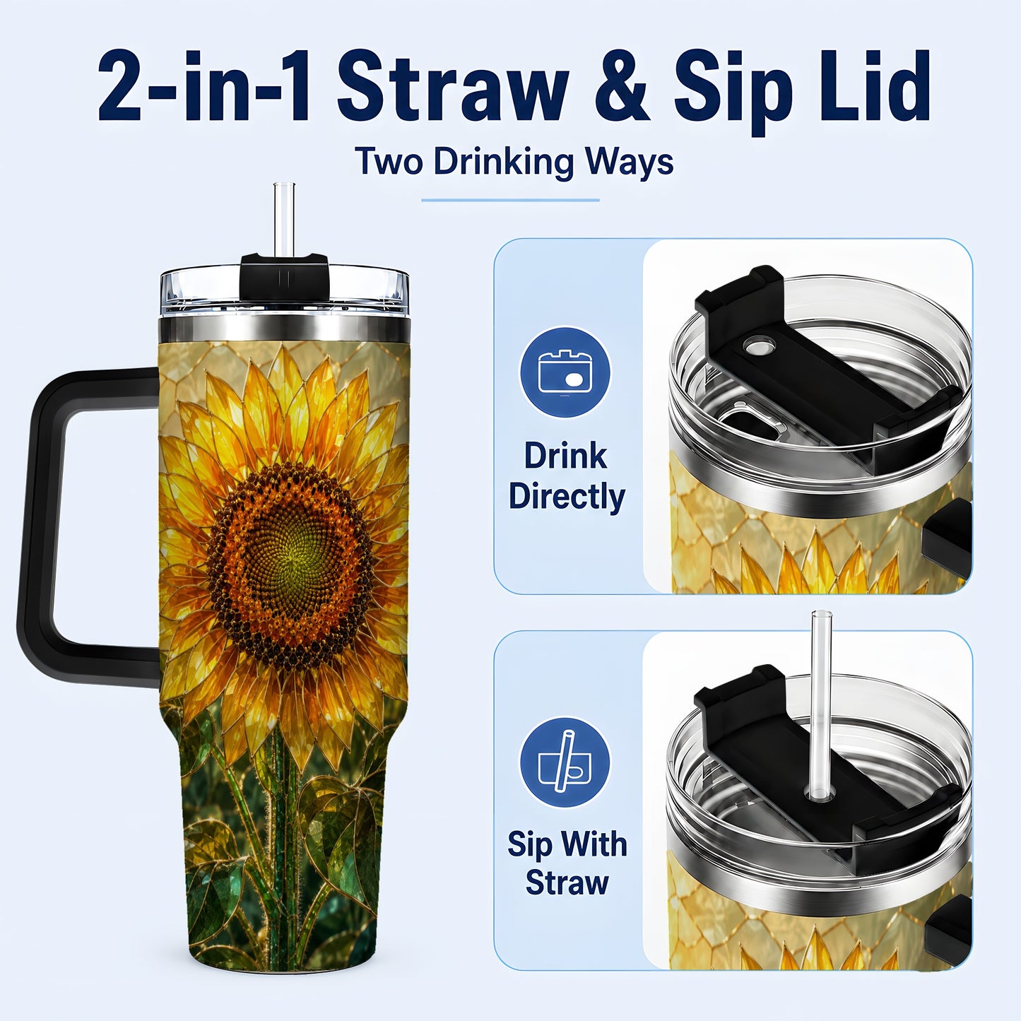 #pl[40oz|Black] Golden Sunflower 40oz Tumbler with Handle, Floral Travel Cup