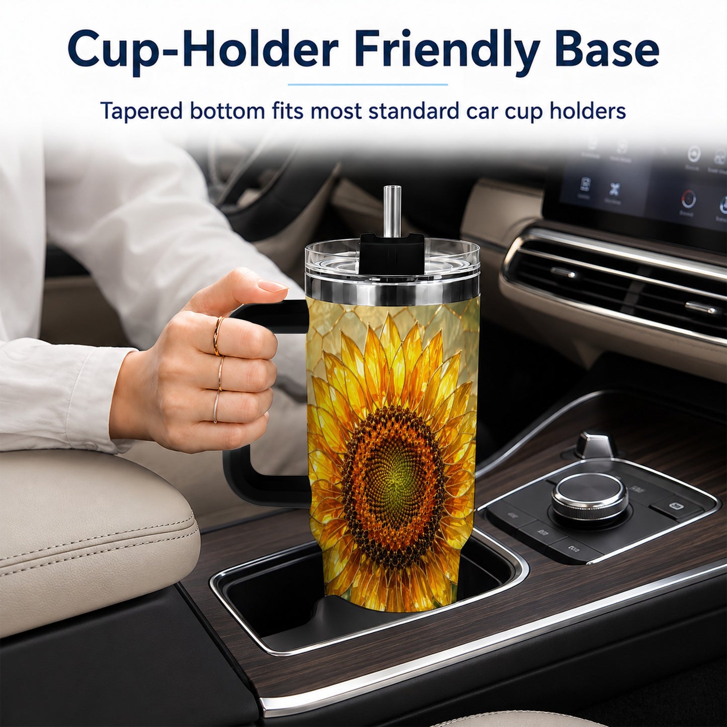 #pl[40oz|Black] Golden Sunflower 40oz Tumbler with Handle, Floral Travel Cup