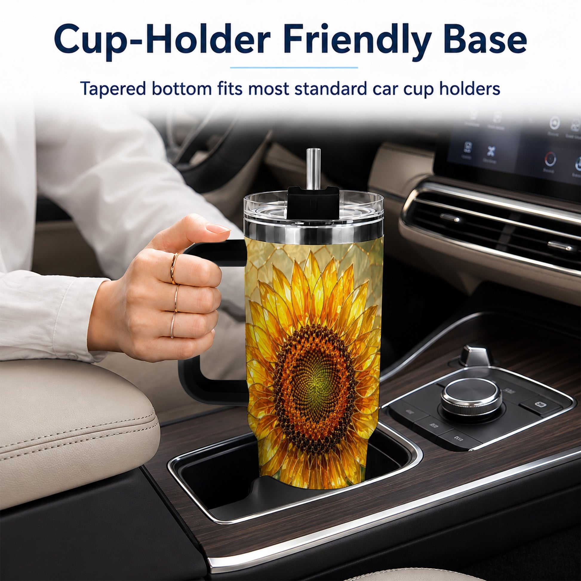#pl[40oz|Black] Golden Sunflower 40oz Tumbler with Handle, Floral Travel Cup