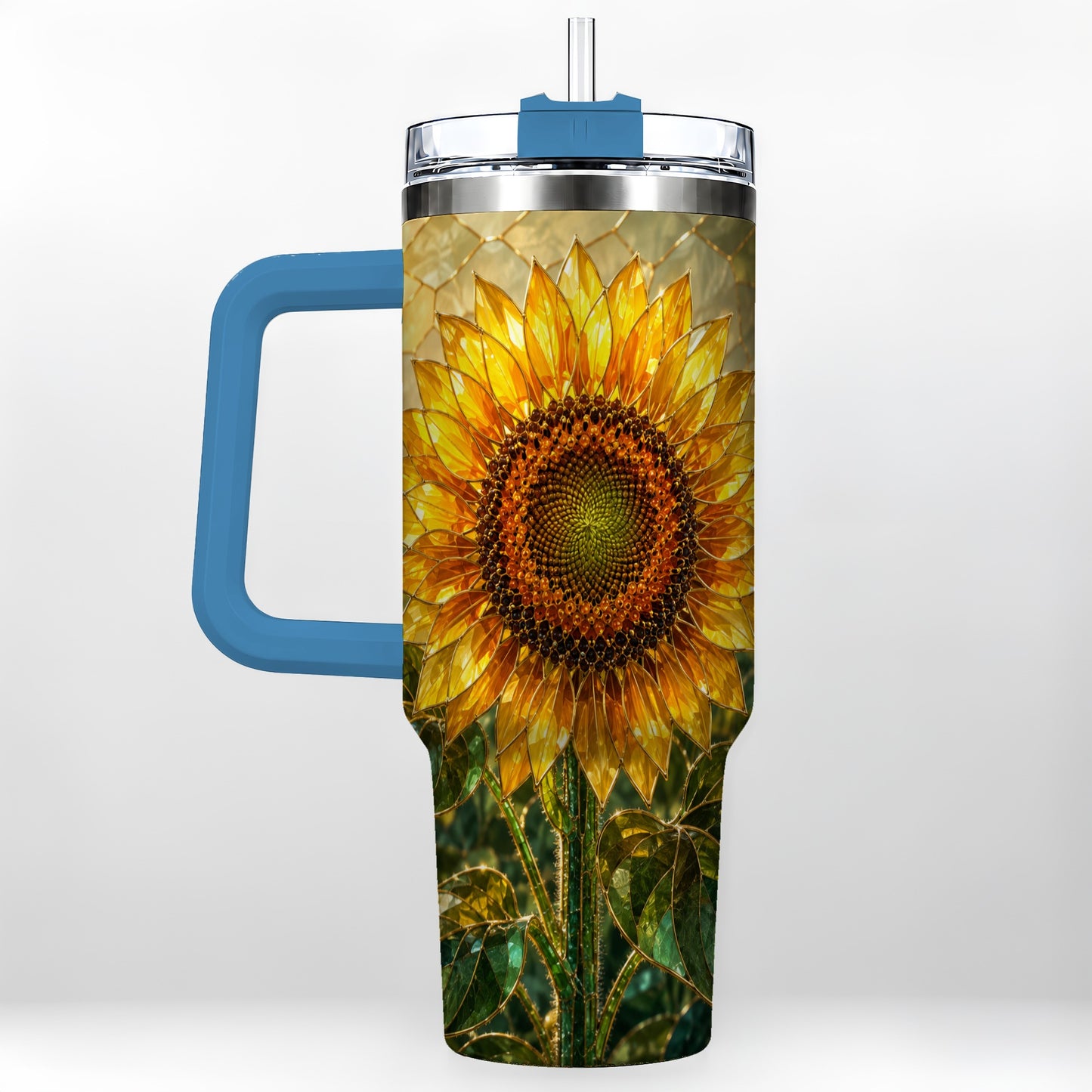 #pl[40oz|Blue] Golden Sunflower 40oz Tumbler with Handle, Floral Travel Cup