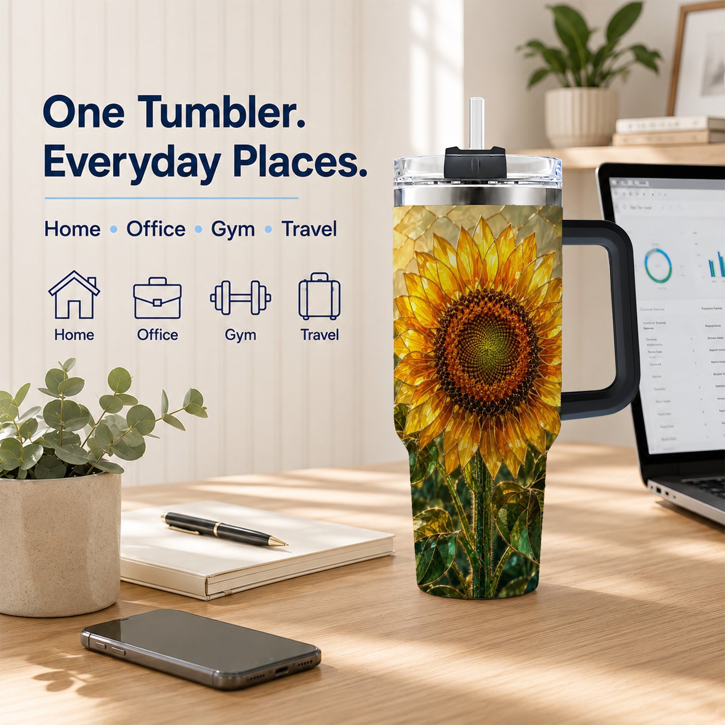 #pl[40oz|Black] Golden Sunflower 40oz Tumbler with Handle, Floral Travel Cup