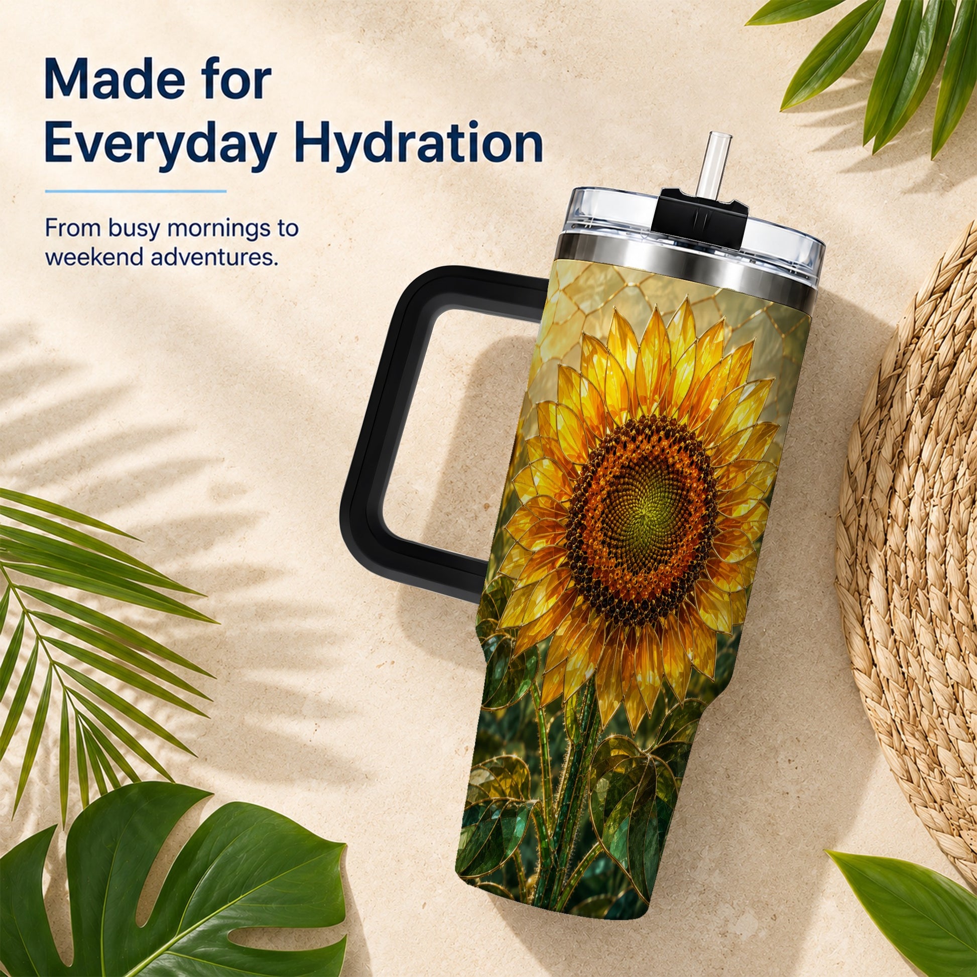 #pl[40oz|Black] Golden Sunflower 40oz Tumbler with Handle, Floral Travel Cup