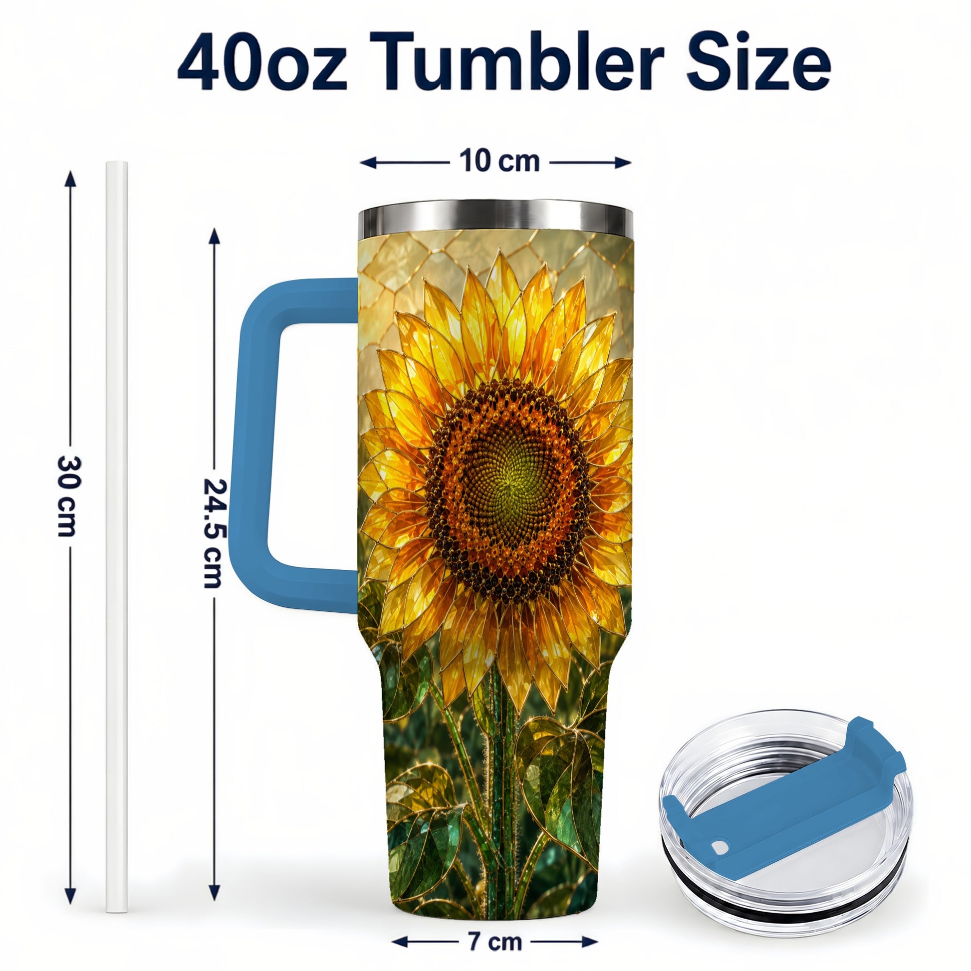 #pl[40oz|Blue] Golden Sunflower 40oz Tumbler with Handle, Floral Travel Cup
