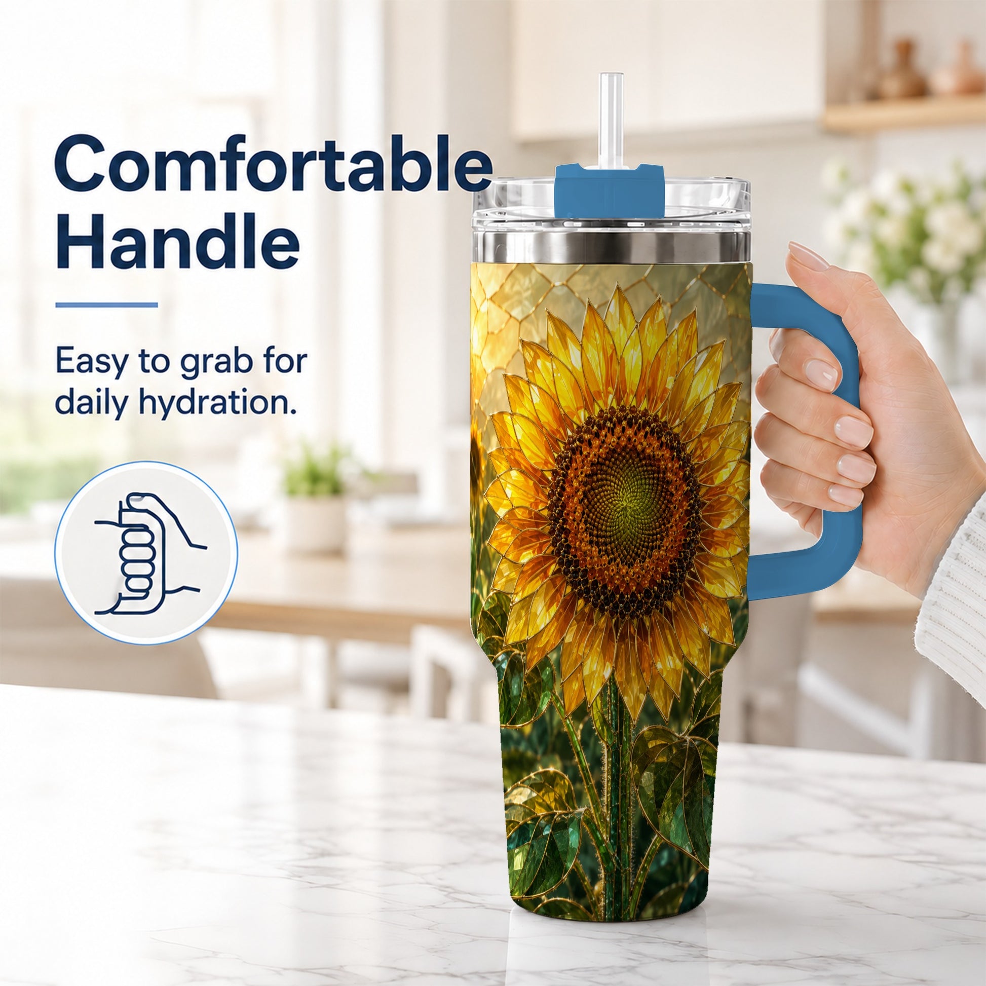 #pl[40oz|Blue] Golden Sunflower 40oz Tumbler with Handle, Floral Travel Cup