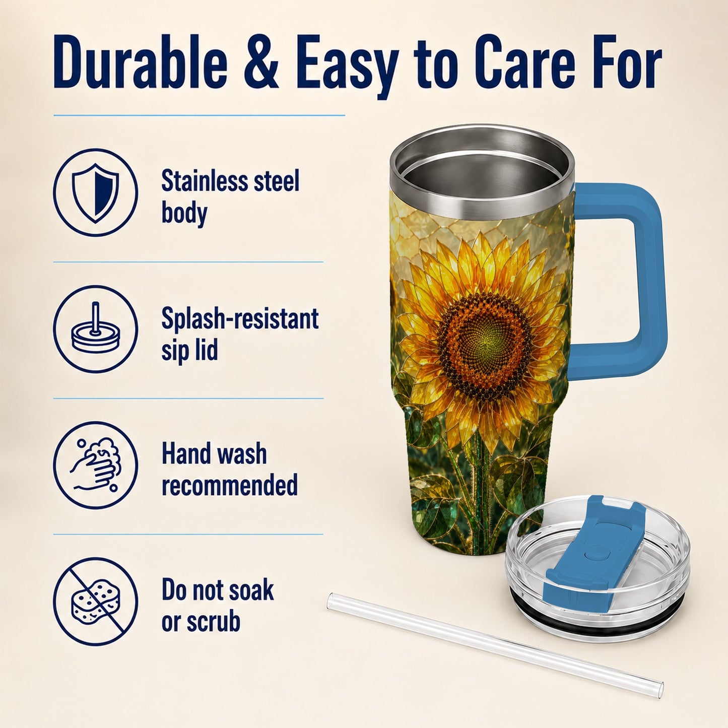 #pl[40oz|Blue] Golden Sunflower 40oz Tumbler with Handle, Floral Travel Cup