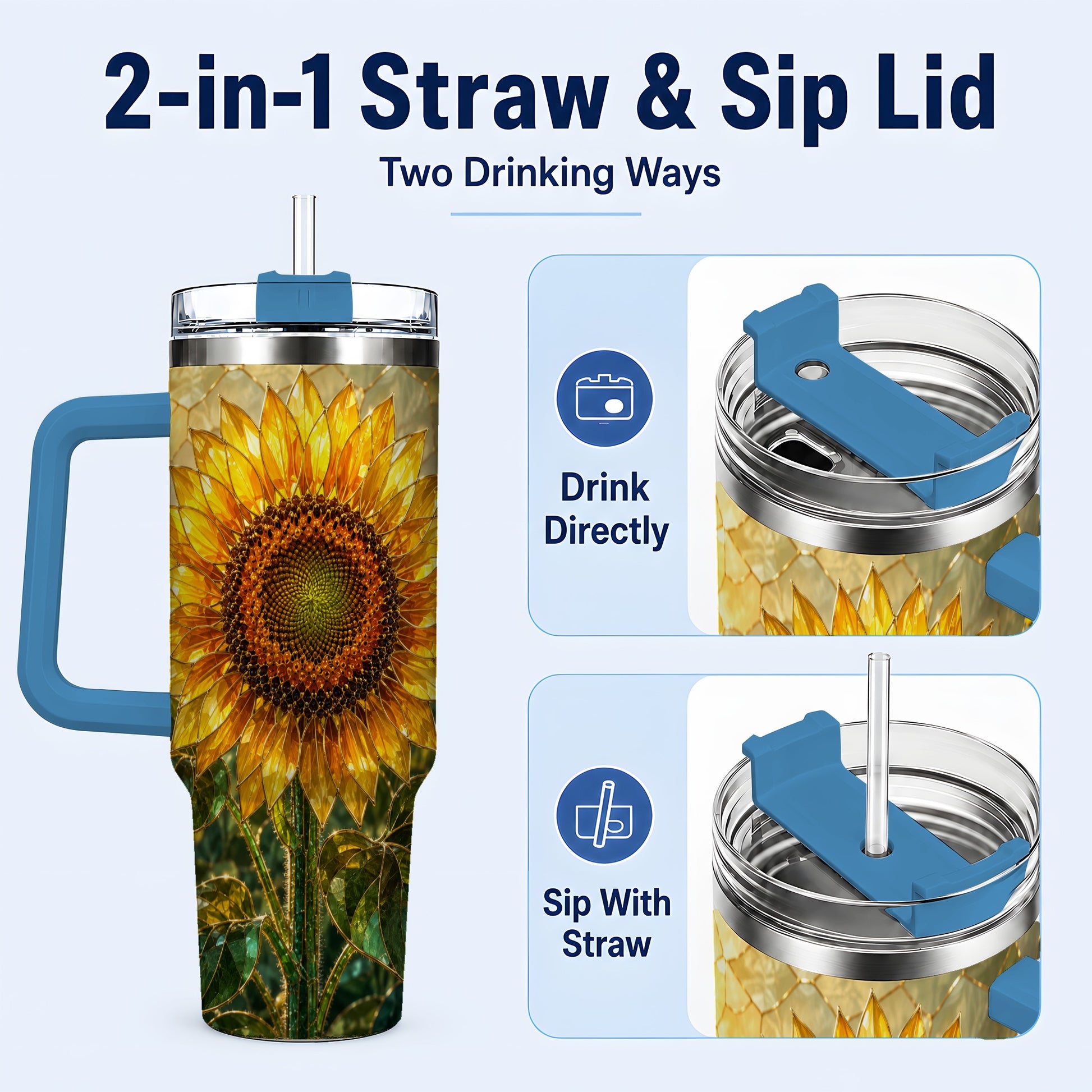 #pl[40oz|Blue] Golden Sunflower 40oz Tumbler with Handle, Floral Travel Cup