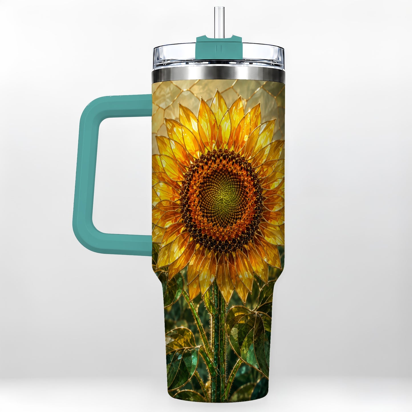 #pl[40oz|Green] Golden Sunflower 40oz Tumbler with Handle, Floral Travel Cup