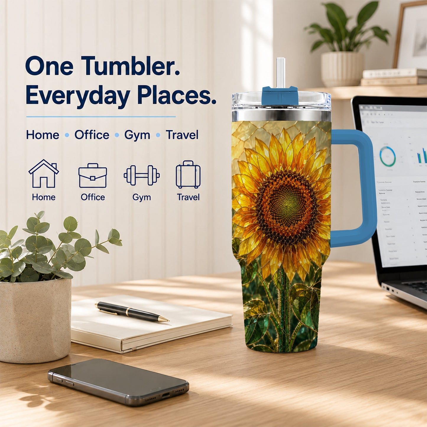 #pl[40oz|Blue] Golden Sunflower 40oz Tumbler with Handle, Floral Travel Cup