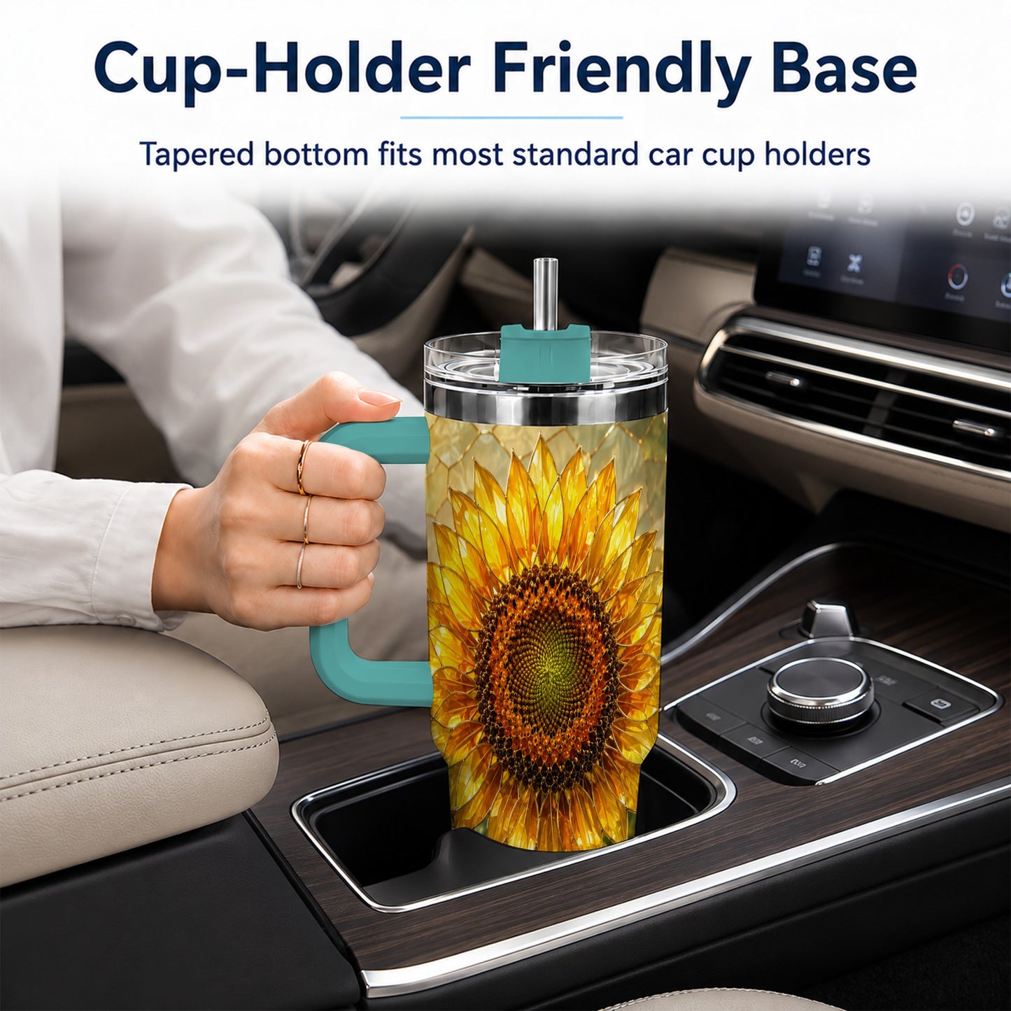 #pl[40oz|Green] Golden Sunflower 40oz Tumbler with Handle, Floral Travel Cup
