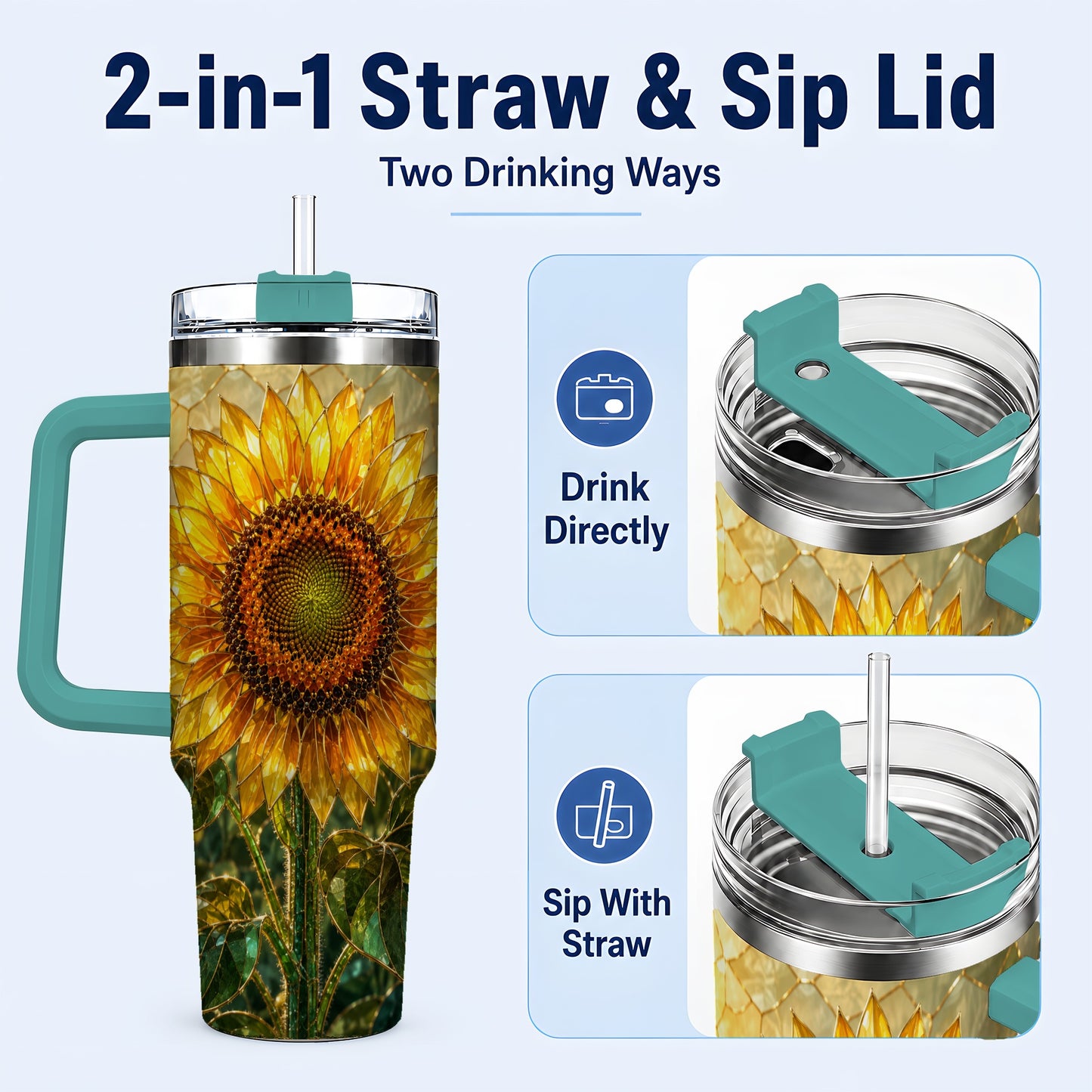 #pl[40oz|Green] Golden Sunflower 40oz Tumbler with Handle, Floral Travel Cup