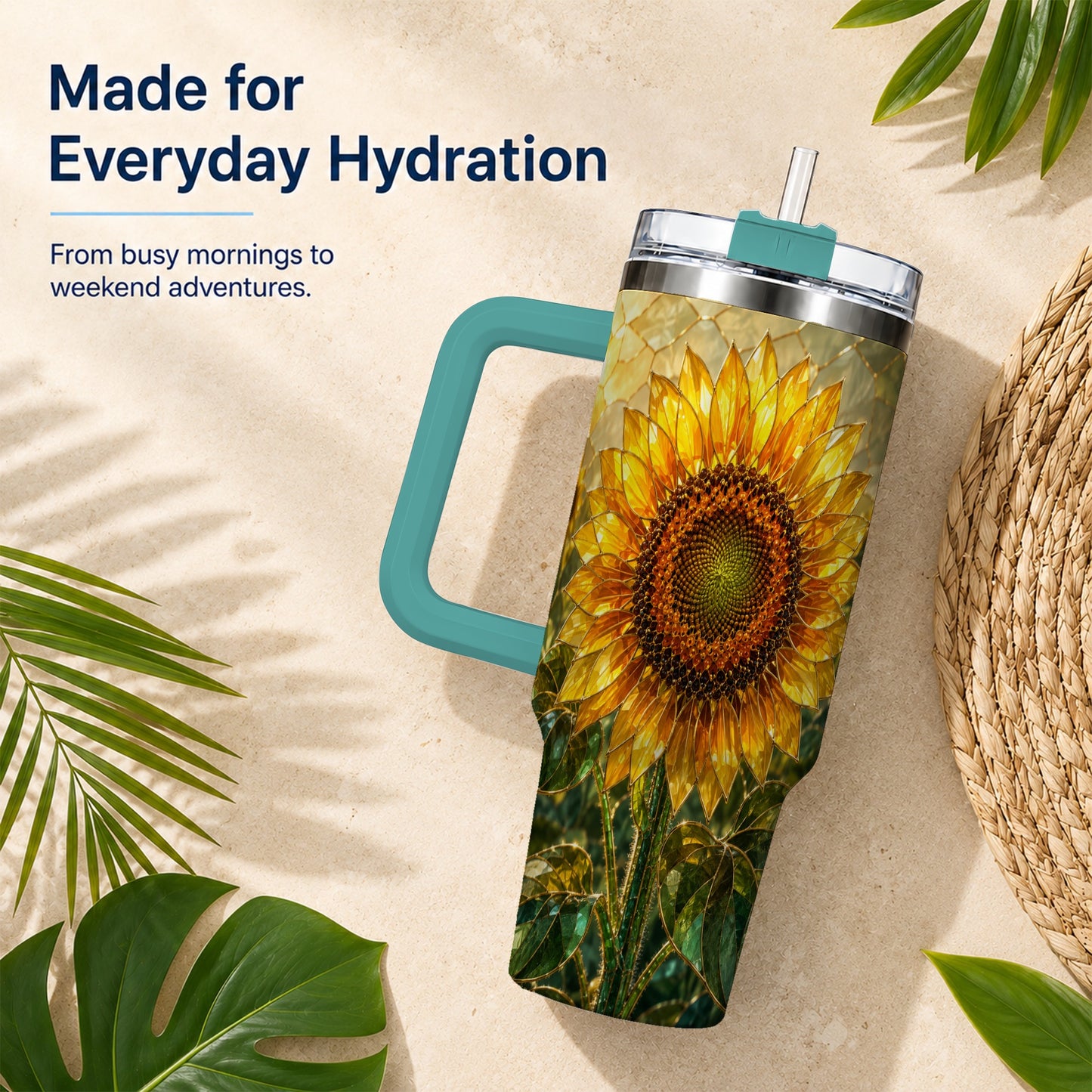 #pl[40oz|Green] Golden Sunflower 40oz Tumbler with Handle, Floral Travel Cup