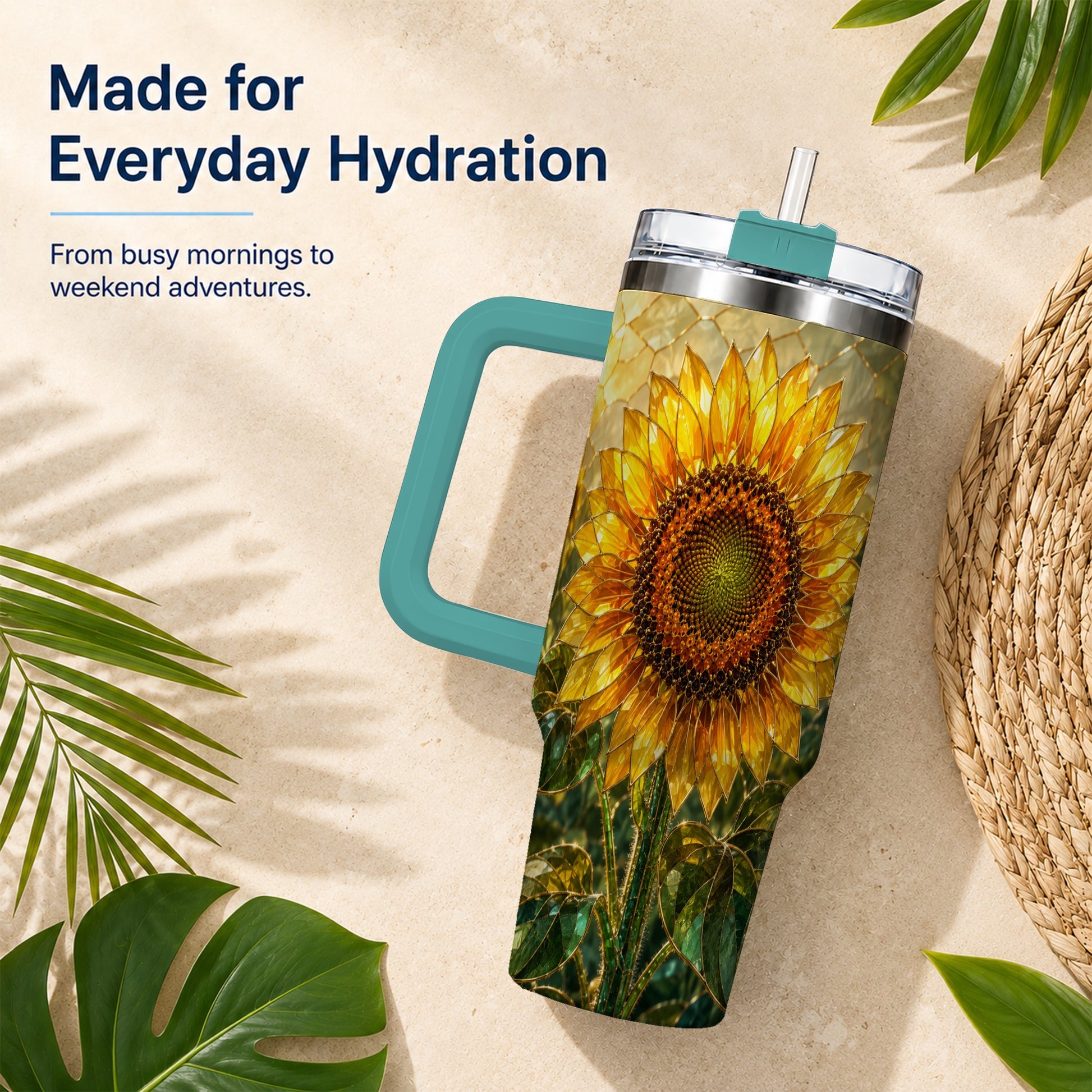 #pl[40oz|Green] Golden Sunflower 40oz Tumbler with Handle, Floral Travel Cup
