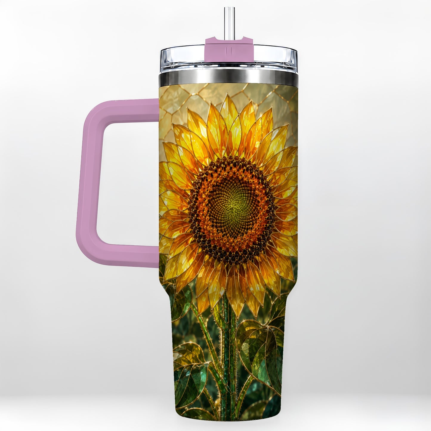 #pl[40oz|Pink] Golden Sunflower 40oz Tumbler with Handle, Floral Travel Cup
