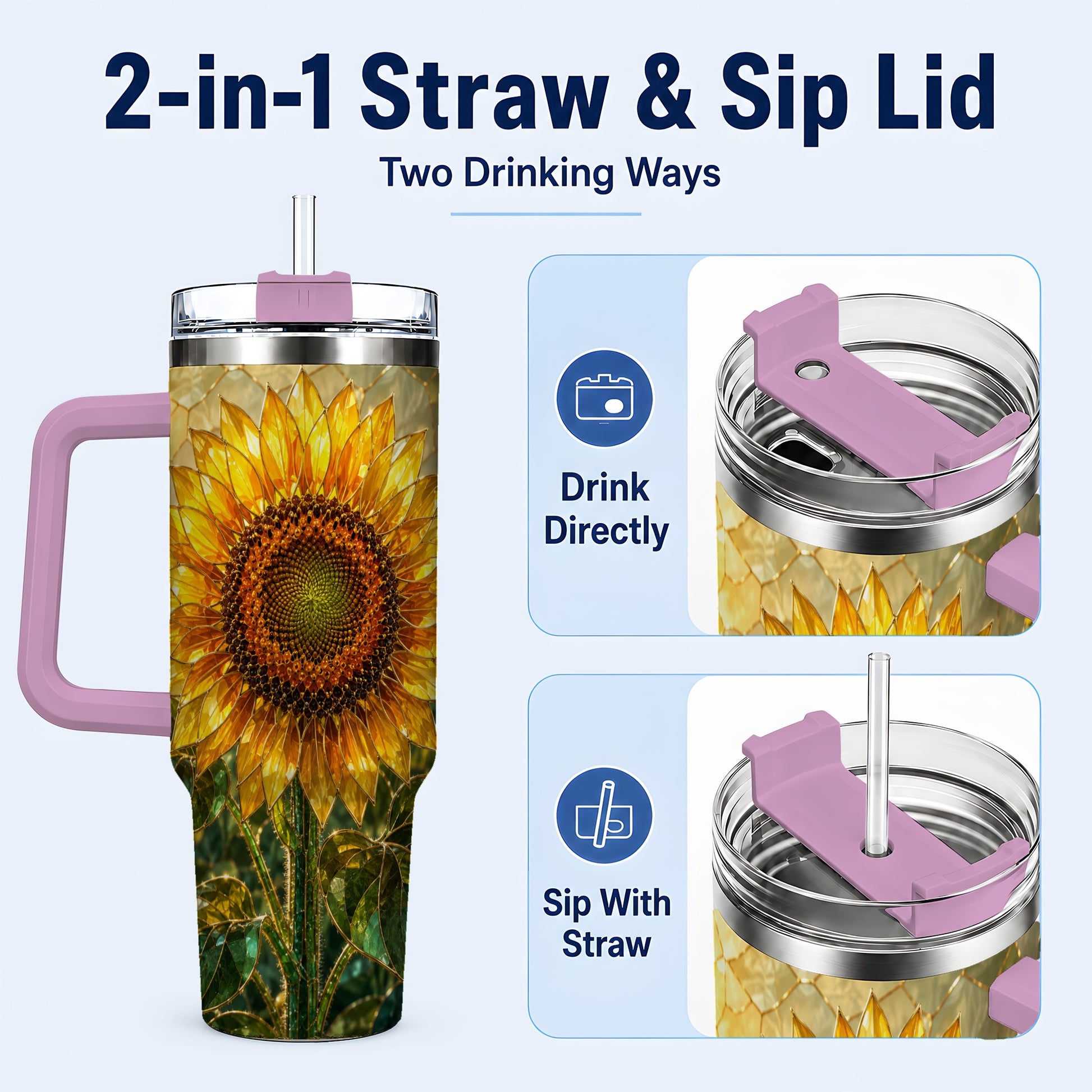 #pl[40oz|Pink] Golden Sunflower 40oz Tumbler with Handle, Floral Travel Cup
