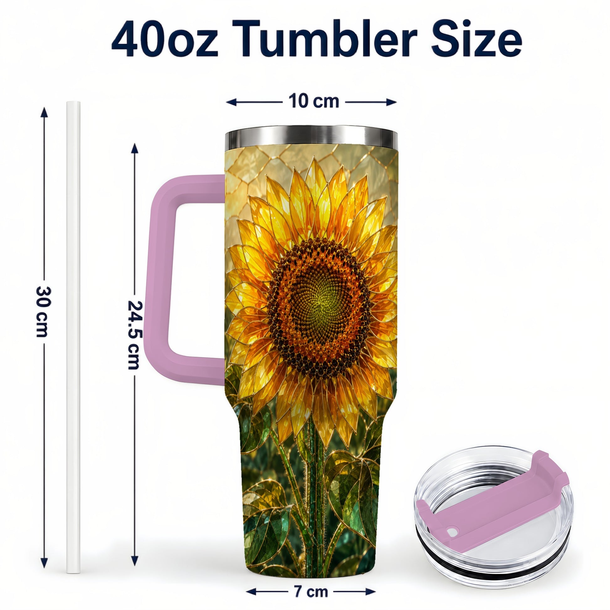 #pl[40oz|Pink] Golden Sunflower 40oz Tumbler with Handle, Floral Travel Cup