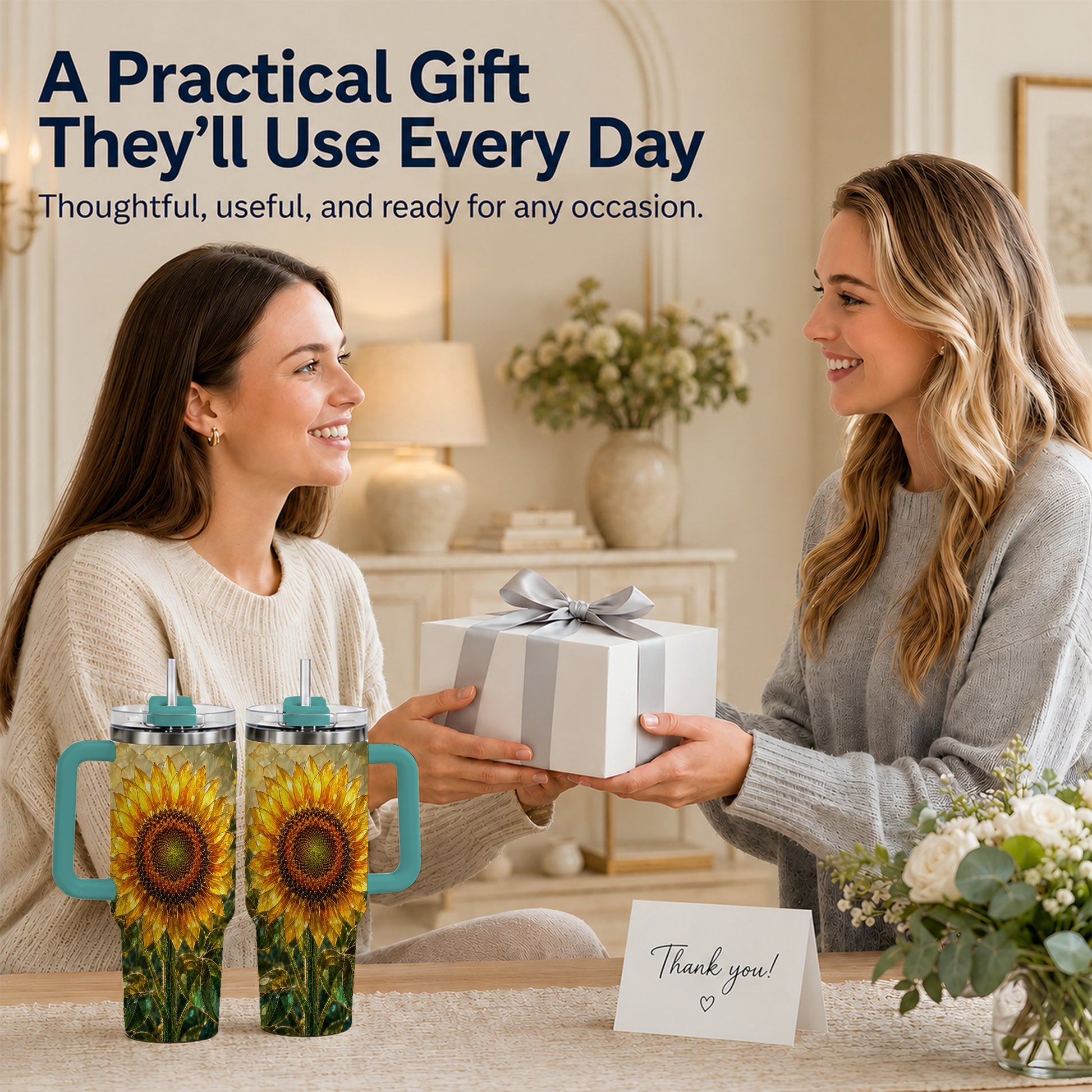 #pl[40oz|Green] Golden Sunflower 40oz Tumbler with Handle, Floral Travel Cup