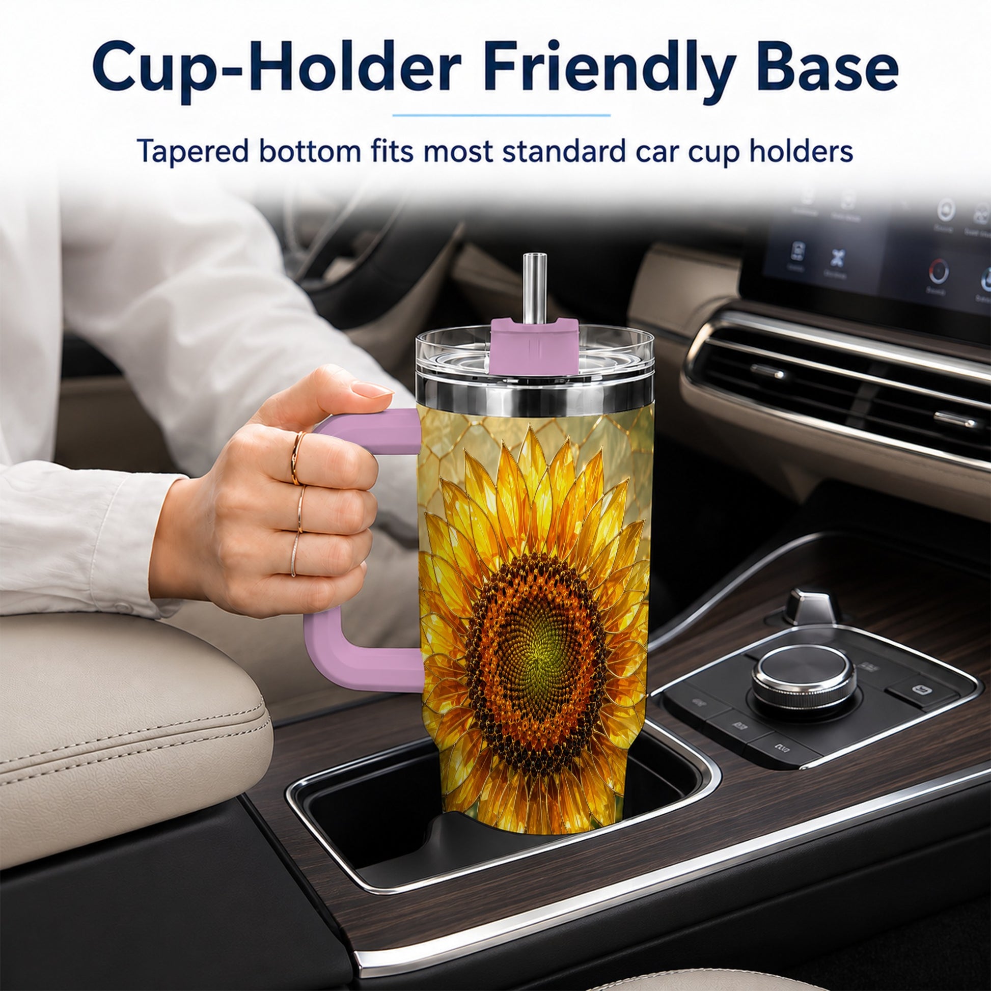 #pl[40oz|Pink] Golden Sunflower 40oz Tumbler with Handle, Floral Travel Cup