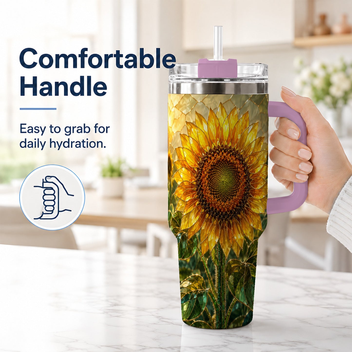 #pl[40oz|Pink] Golden Sunflower 40oz Tumbler with Handle, Floral Travel Cup