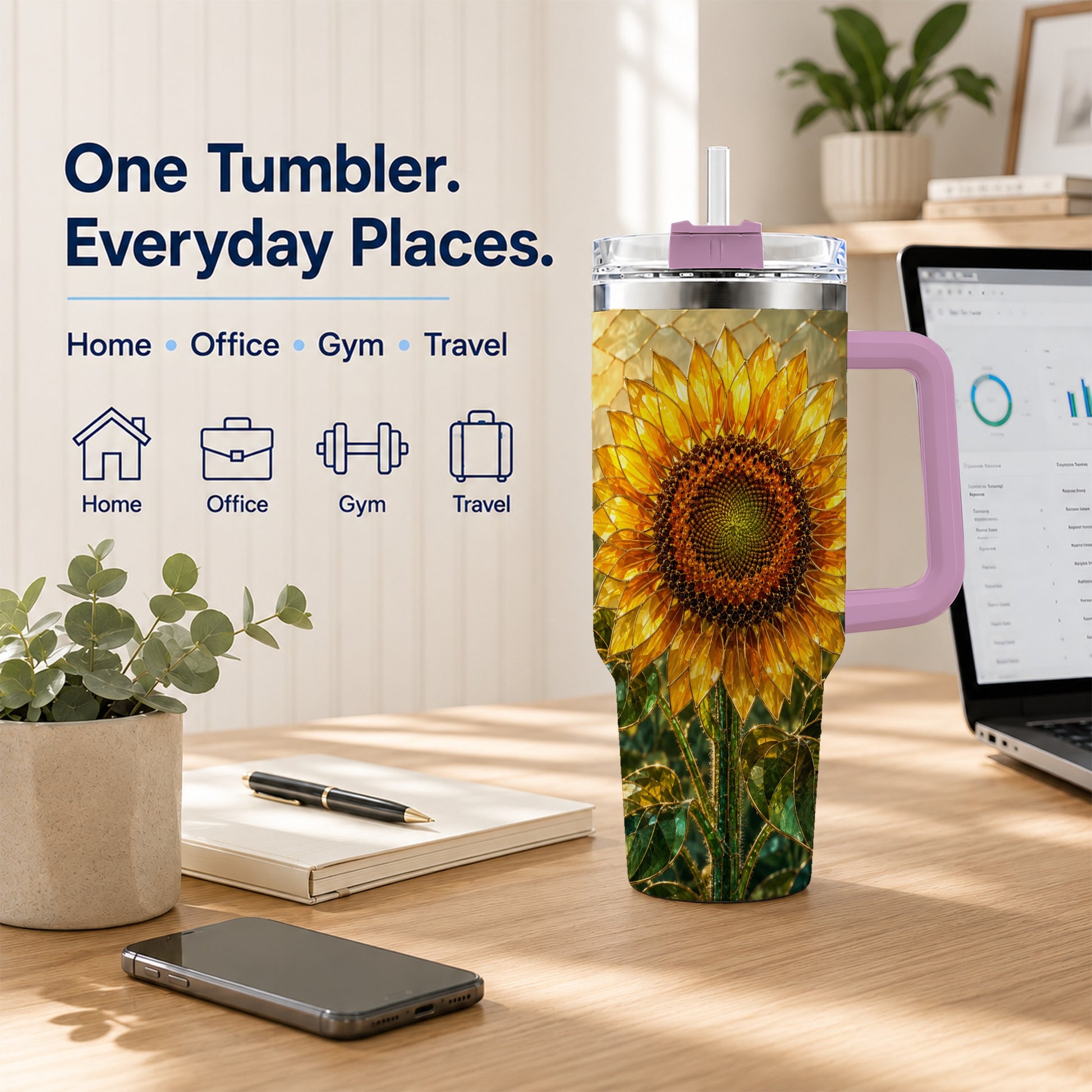#pl[40oz|Pink] Golden Sunflower 40oz Tumbler with Handle, Floral Travel Cup