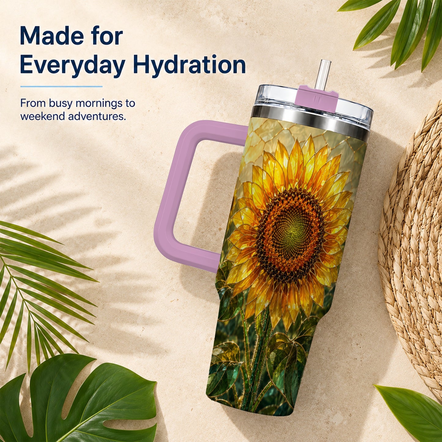 #pl[40oz|Pink] Golden Sunflower 40oz Tumbler with Handle, Floral Travel Cup