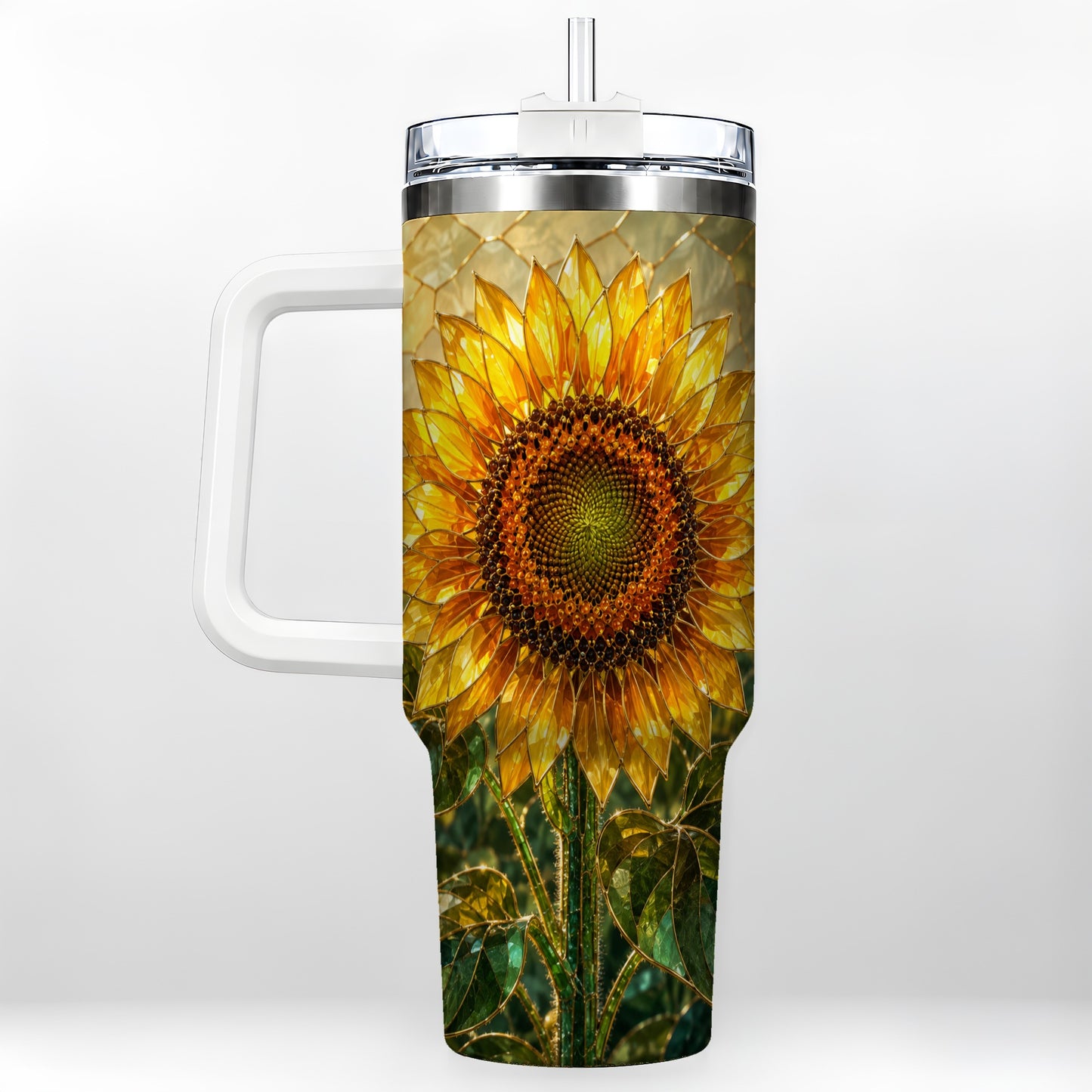 #pl[40oz|White] Golden Sunflower 40oz Tumbler with Handle, Floral Travel Cup