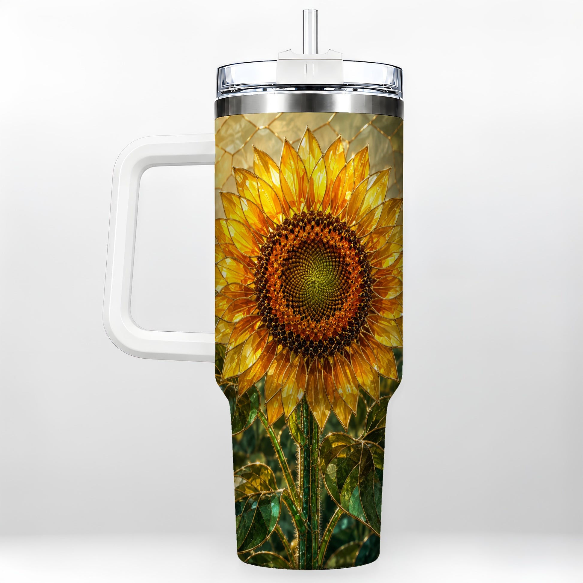 #pl[40oz|White] Golden Sunflower 40oz Tumbler with Handle, Floral Travel Cup