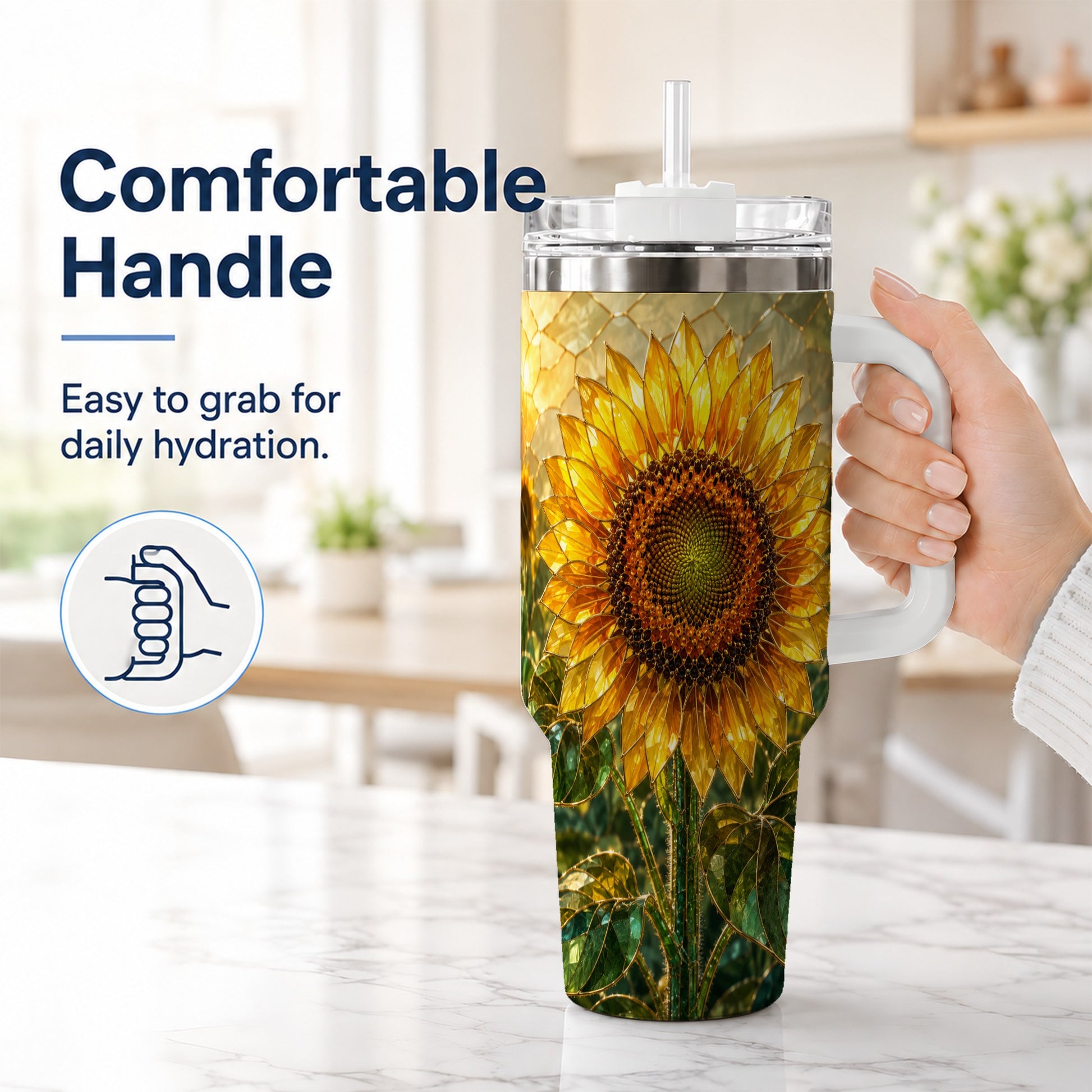 #pl[40oz|White] Golden Sunflower 40oz Tumbler with Handle, Floral Travel Cup