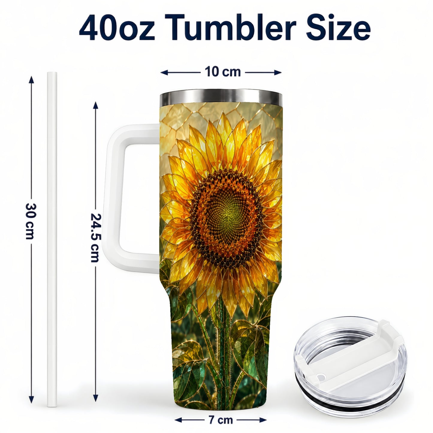 #pl[40oz|White] Golden Sunflower 40oz Tumbler with Handle, Floral Travel Cup