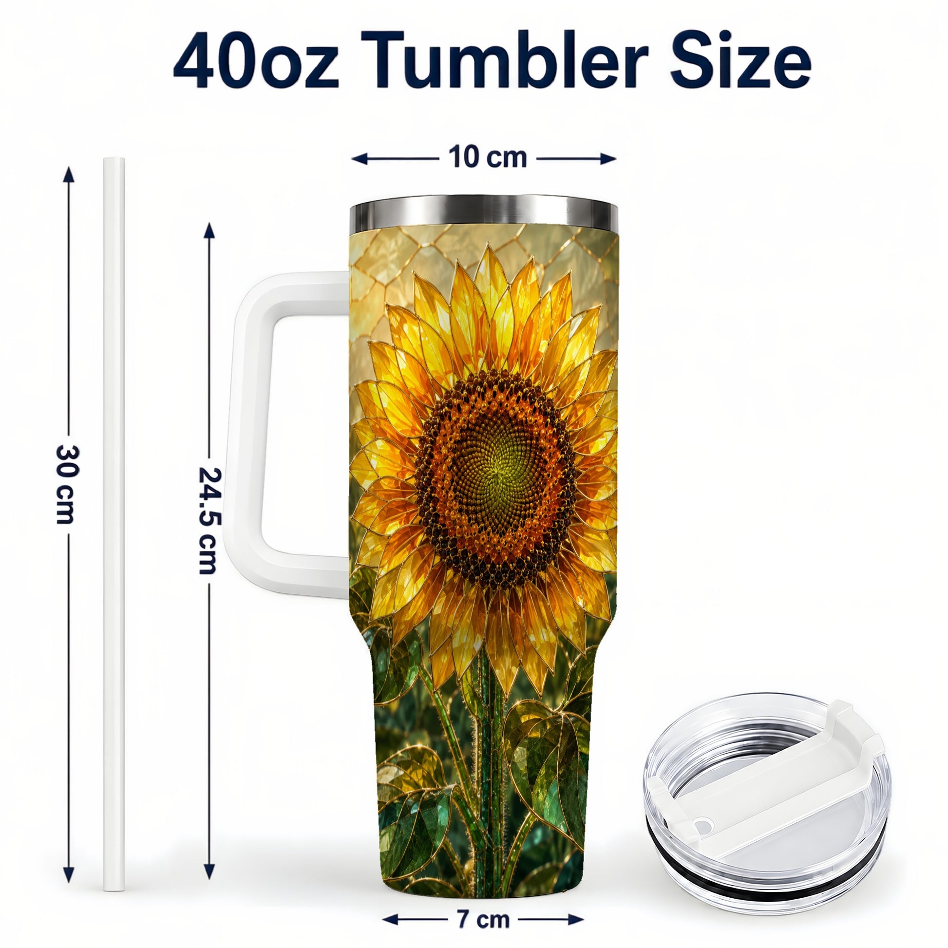 #pl[40oz|White] Golden Sunflower 40oz Tumbler with Handle, Floral Travel Cup