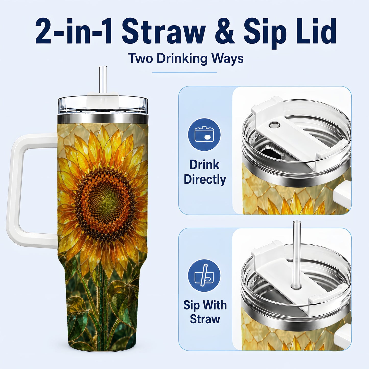 #pl[40oz|White] Golden Sunflower 40oz Tumbler with Handle, Floral Travel Cup